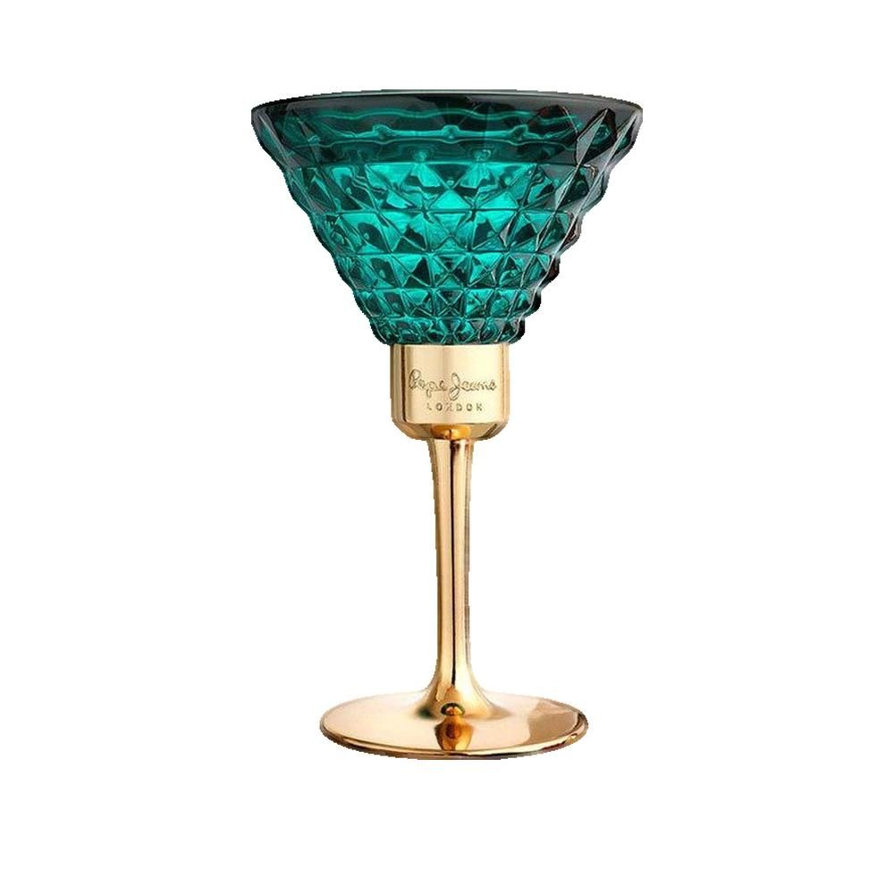 Grüner Flakon in Cocktailglasform mit goldenem Stiel. Auf dem Stiel steht "Pepe Jeans London".