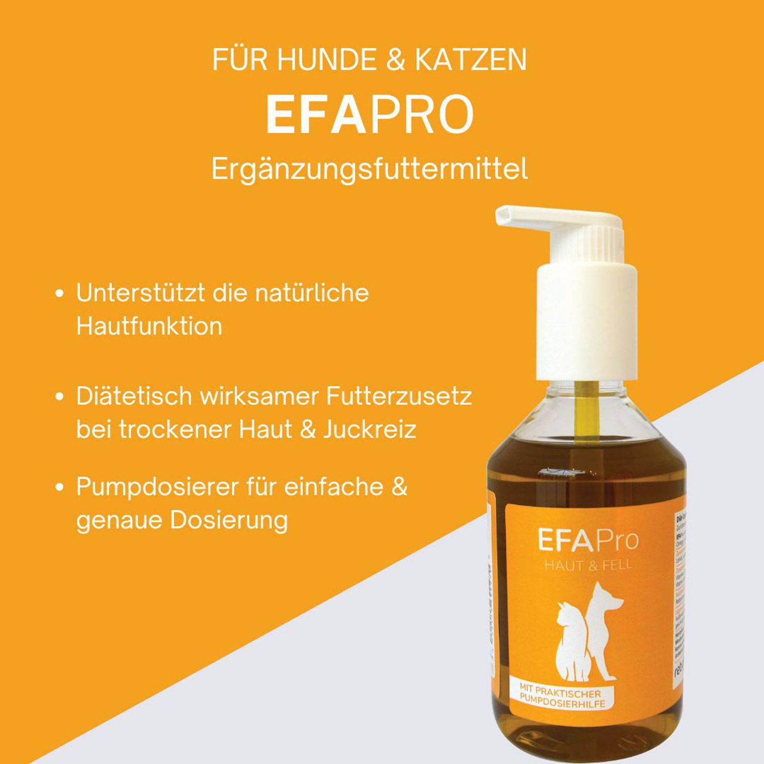 EFAPro Ergänzungsfuttermittel für Hunde & Katzen: Flasche mit Pumpspender und Infografik zu Hautfunktion.