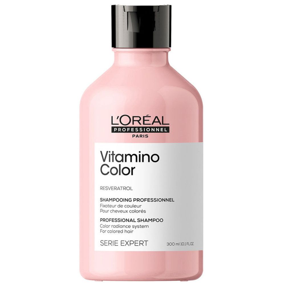 L'Oréal Professionnel Vitamino Color Shampoo, 300ml, in einer rosa Flasche mit schwarzem Deckel.