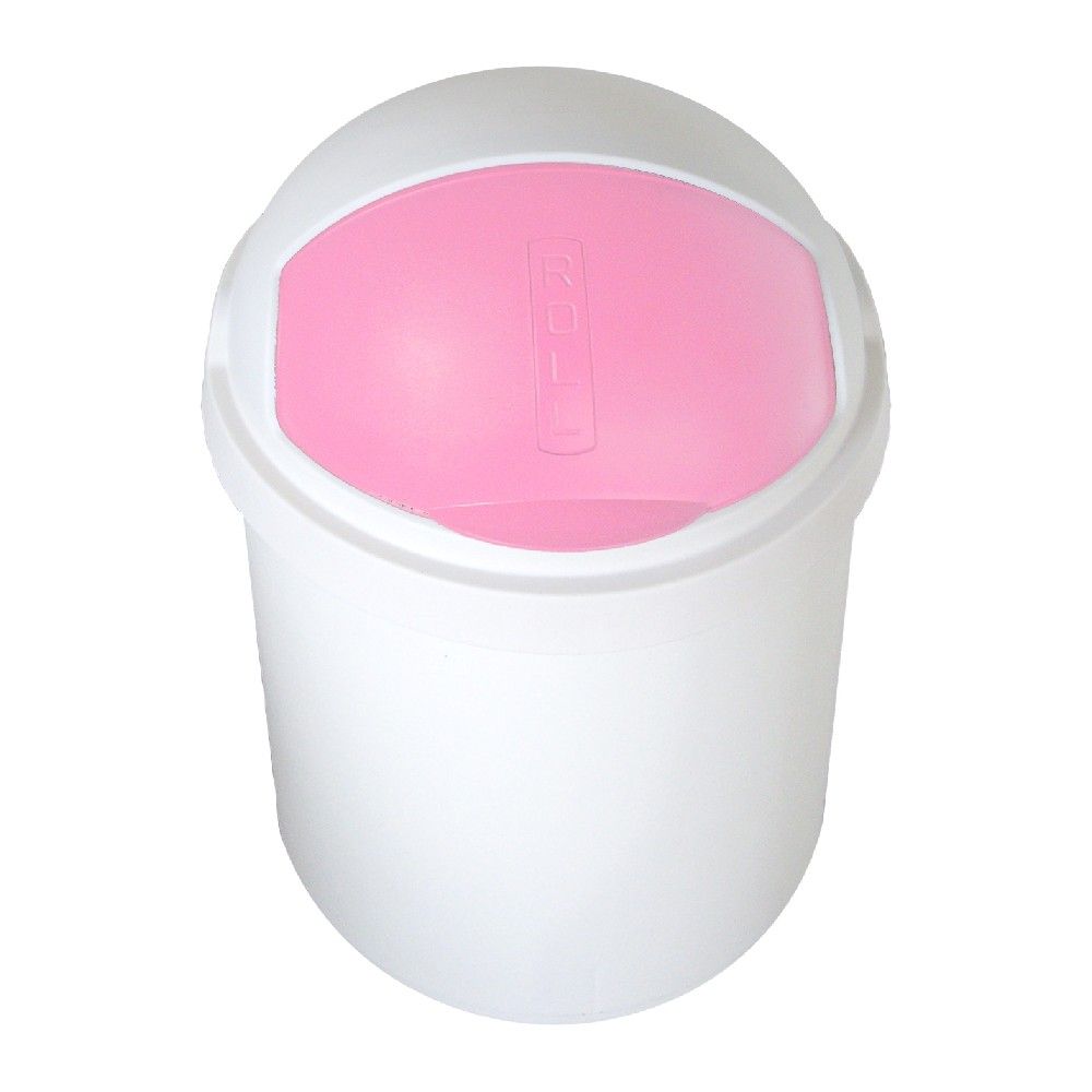 Weißer Mülleimer mit rosa Deckel. Der Deckel hat eine Roll-Funktion. Auf dem Deckel steht "ROLL".