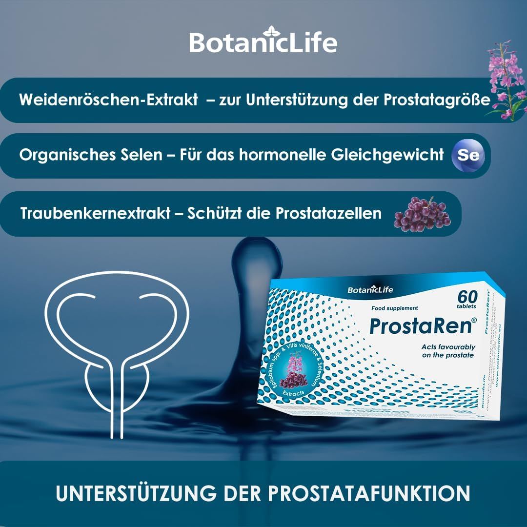 Grafik mit Produktverpackung und Illustrationen. Text: Unterstützung der Prostatafunktion, Weidenröschen-Extrakt, etc.