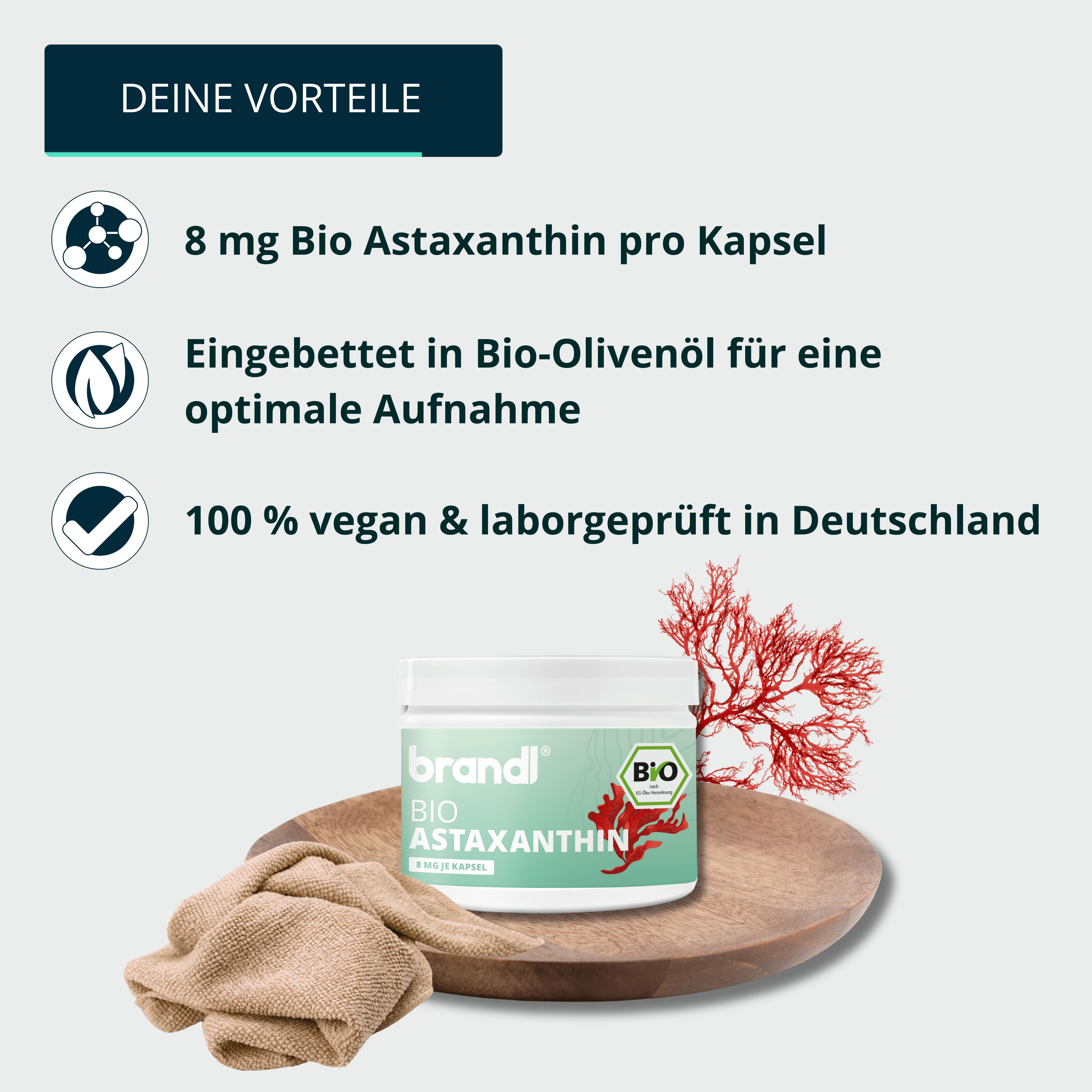 Produktglas auf Holzbrett mit Text: 8 mg Bio Astaxanthin pro Kapsel, vegan. Marke brandl® BIO Astaxanthin.