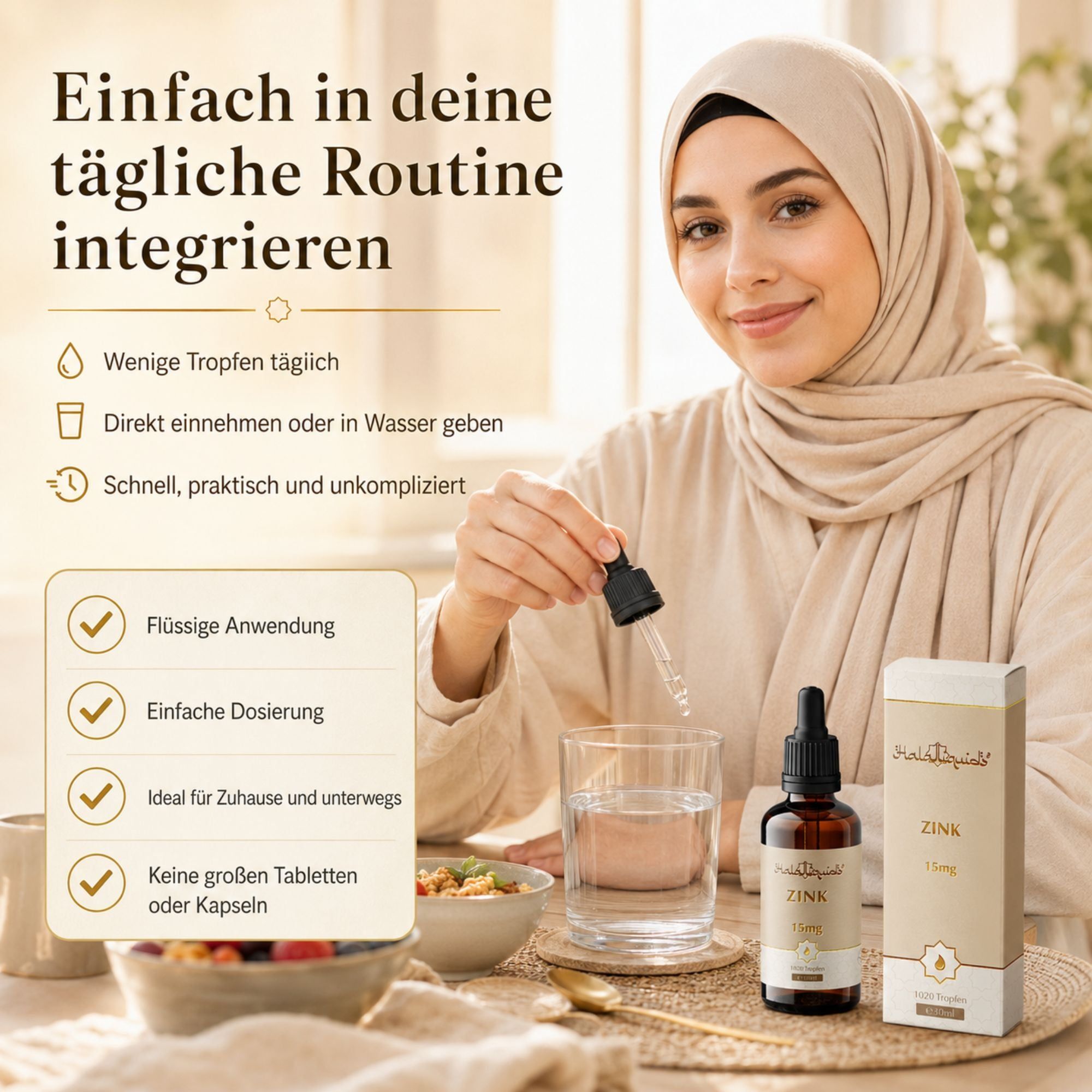 Frau gibt Zink Tropfen (15mg, 30ml) in ein Glas Wasser. Flasche und Schachtel daneben.