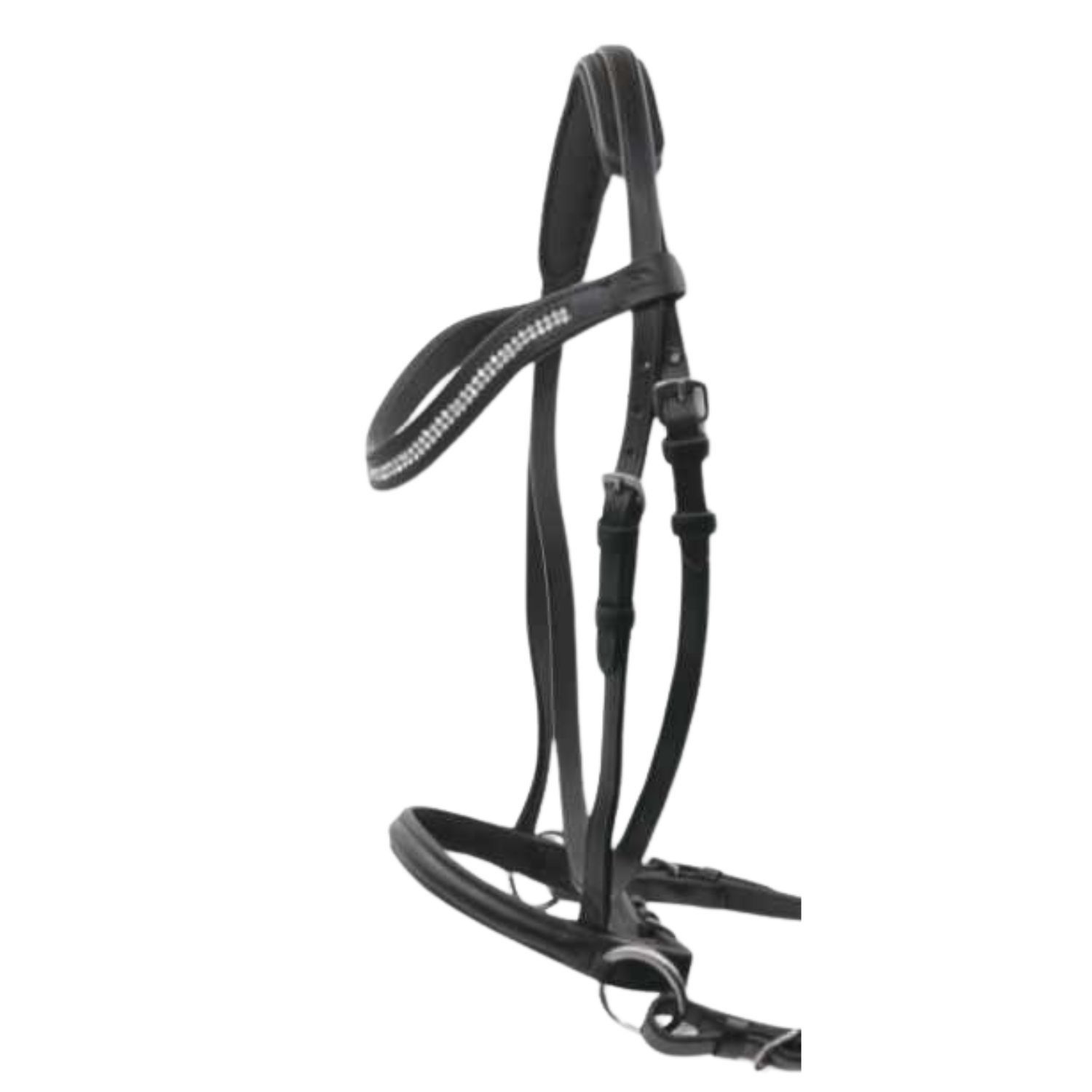 Schwarzer Zaum mit Strasssteinen am Stirnband. Silberne Schnallen und Zügel.