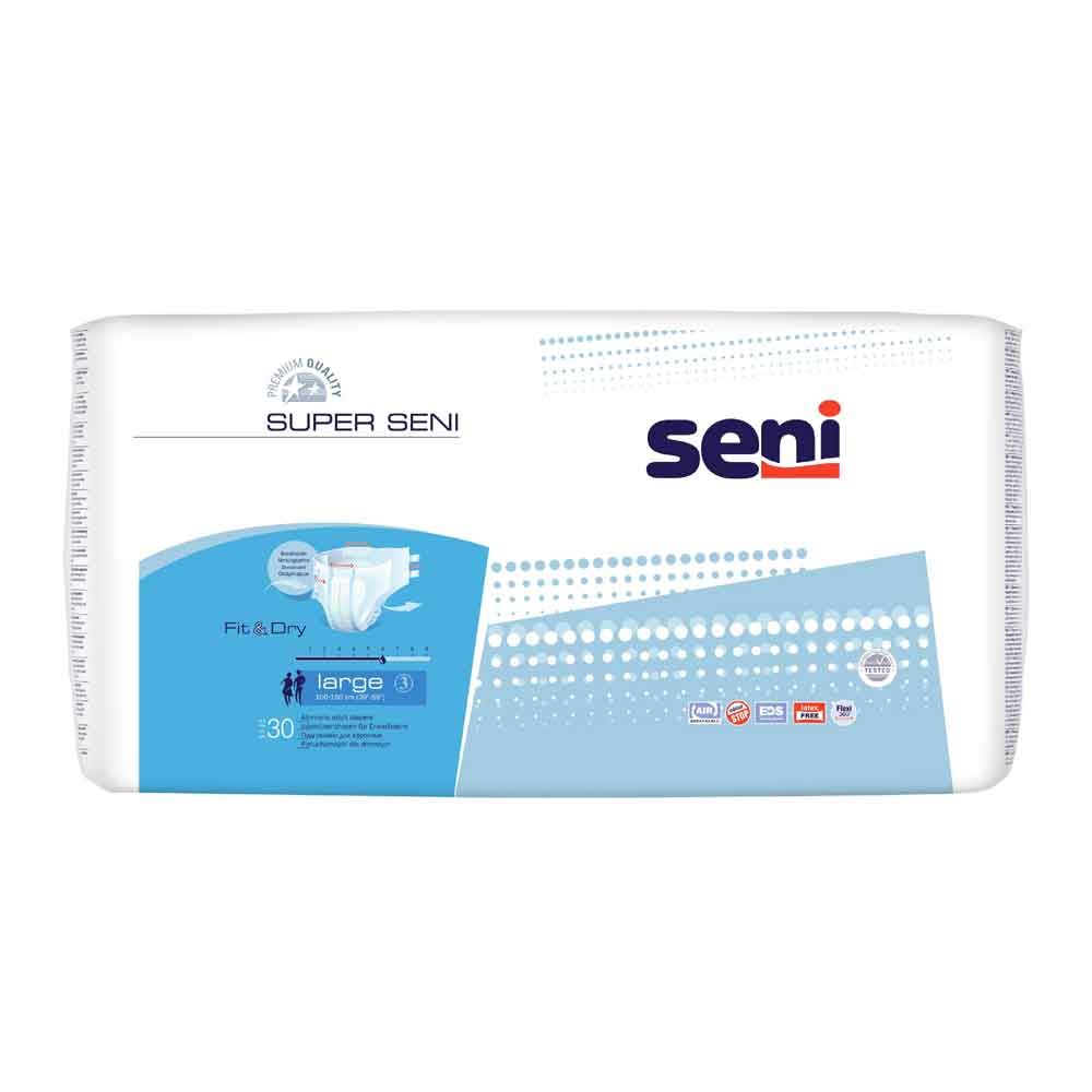 Verpackung Super Seni L, 30 Stück, Größe L. Weiß-blaue Verpackung mit Produktabbildung und Seni-Logo.