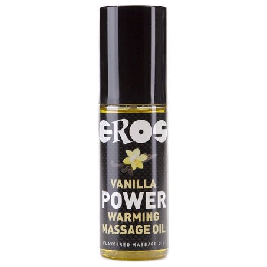 Zylindrische Flasche mit schwarzem Deckel. Aufschrift: EROS, VANILLA POWER, WARMING MASSAGE OIL. Gelbe Flüssigkeit sichtbar.