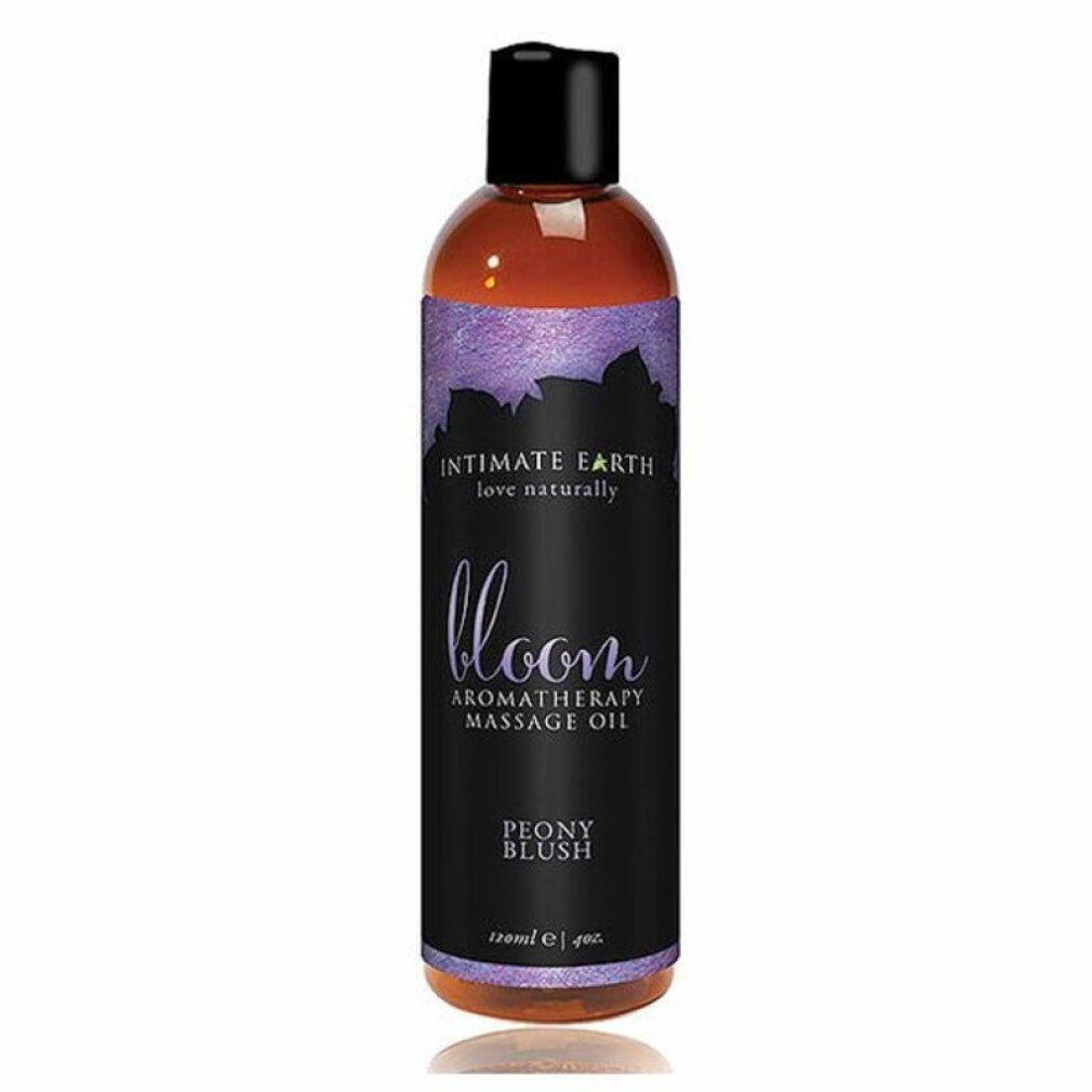 Flasche mit Massageöl. Schwarzer Deckel, violett-schwarzes Etikett mit Text: Intimate Earth, Bloom, Peony Blush. 120ml.