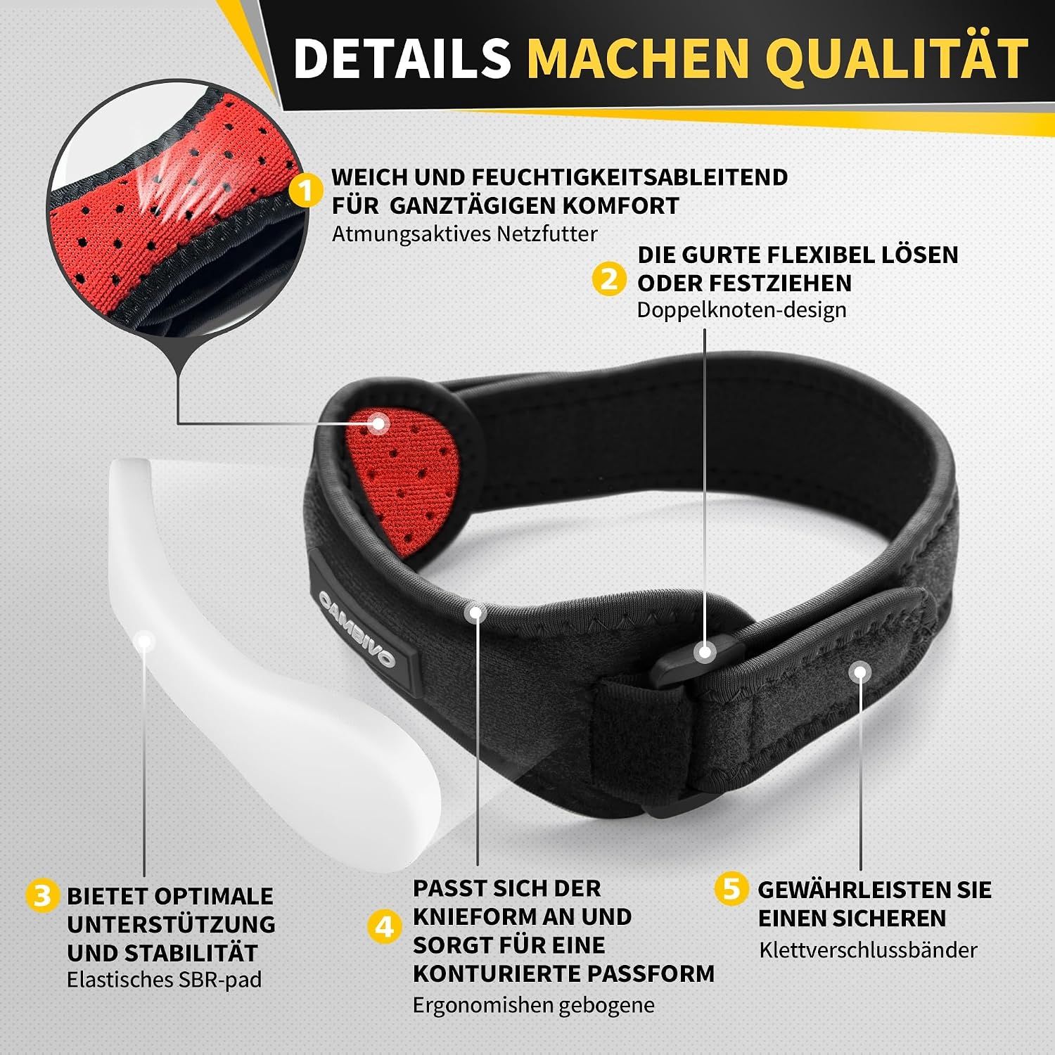 Kniebandage mit Klettverschluss und einem weißen, ergonomisch geformten Stützteil.