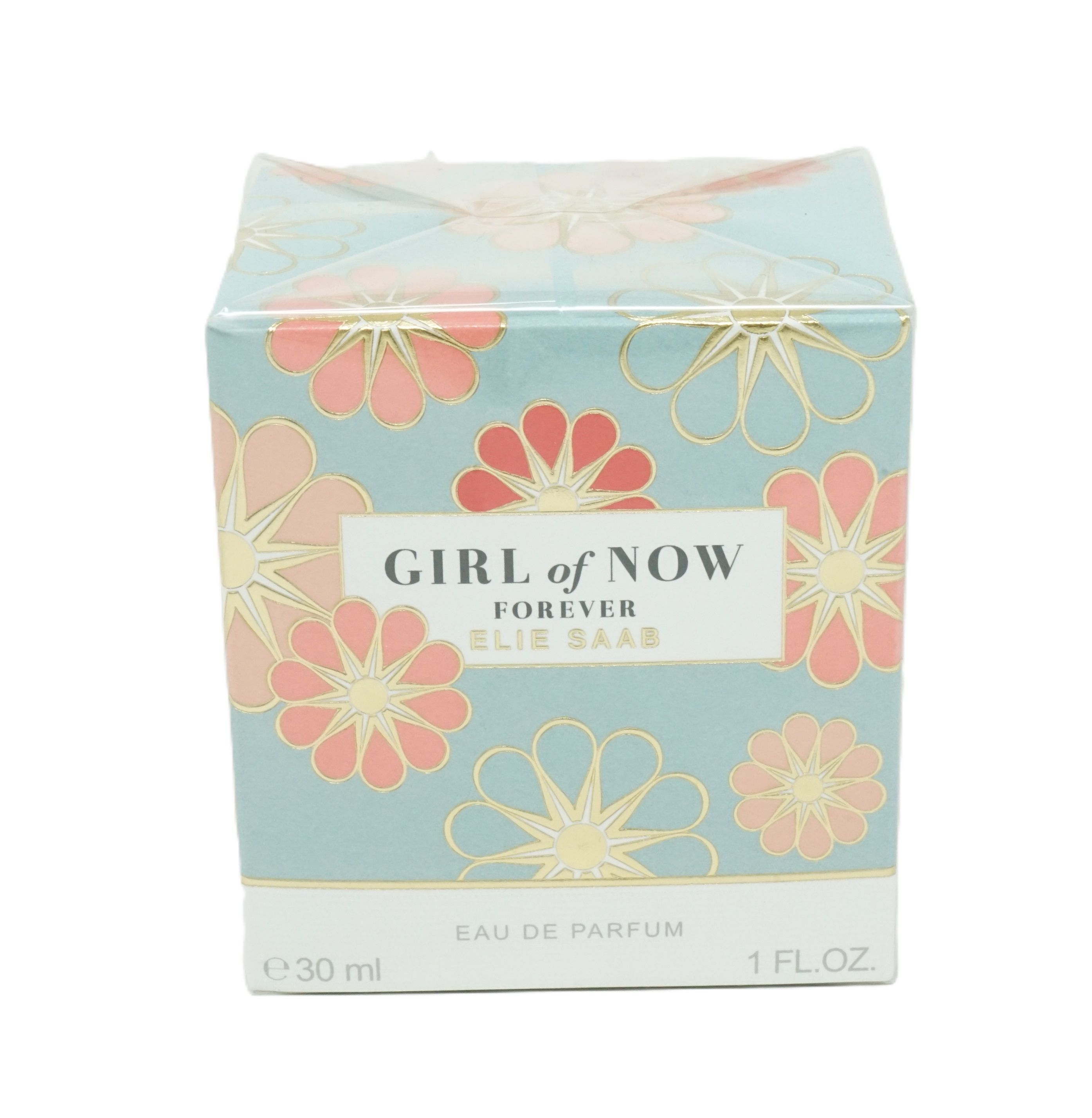 Karton mit floralem Muster und Aufschrift: GIRL of NOW forever ELIE SAAB. 30 ml, 1 FL. OZ.