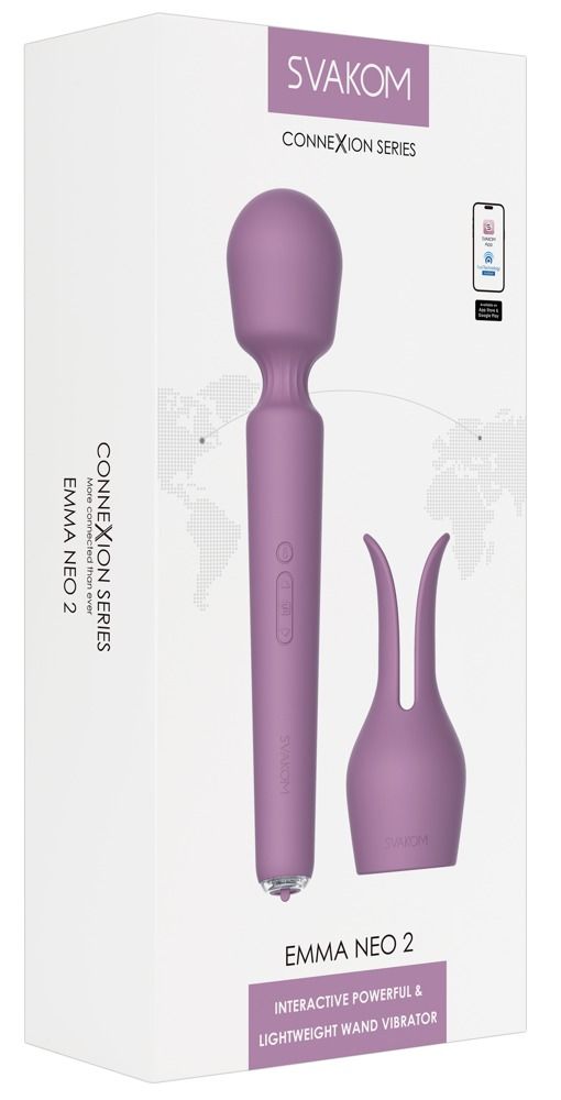 Verpackung mit lila Massagestab und Zubehör. Aufschrift: SVAKOM, Emma Neo 2, Connexion Series. Mit App-Symbol.