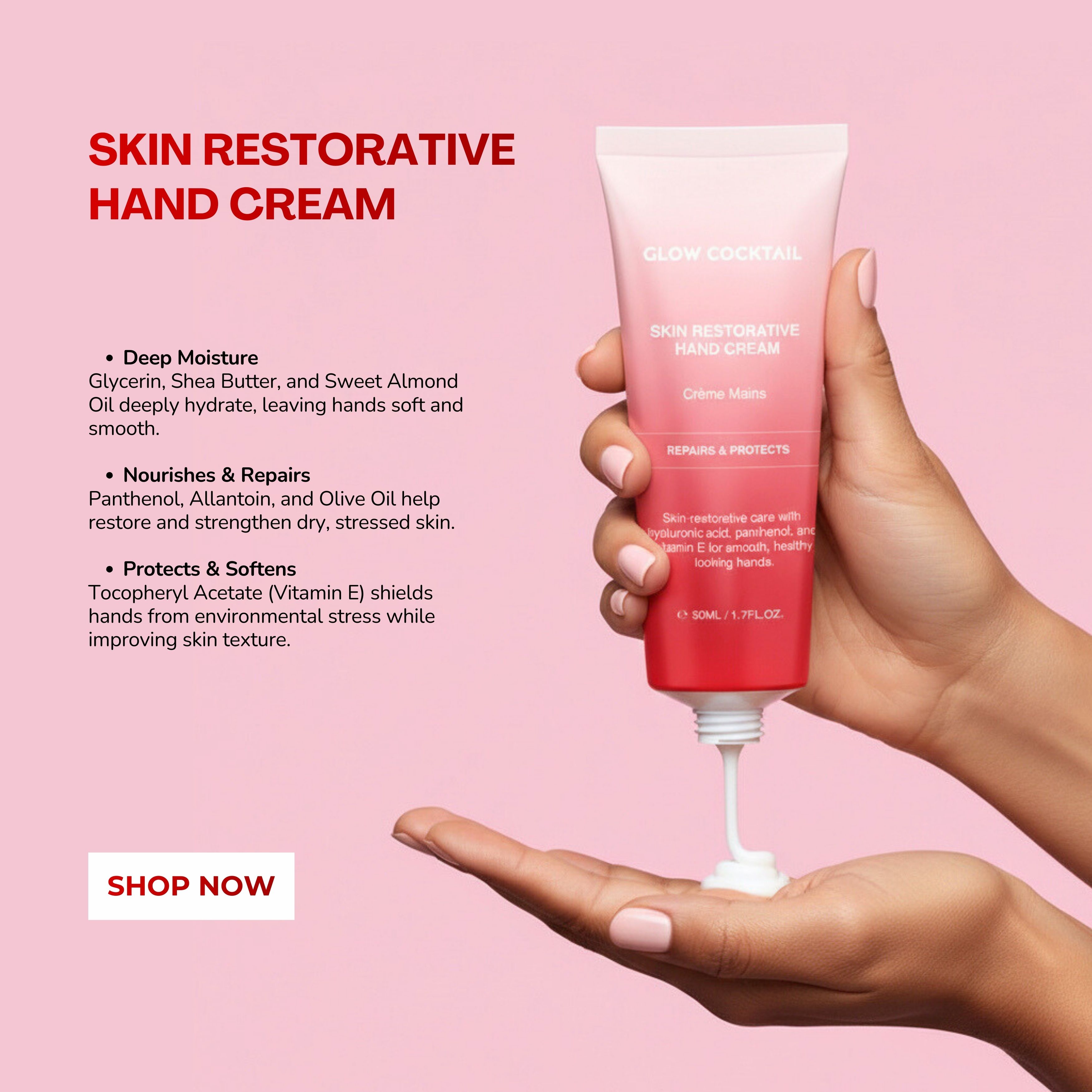 Handcreme-Tube wird in Händen gehalten. Creme wird auf die Handfläche gedrückt. Text: Glow Cocktail, Skin Restorative Hand Cream, Crème Mains.