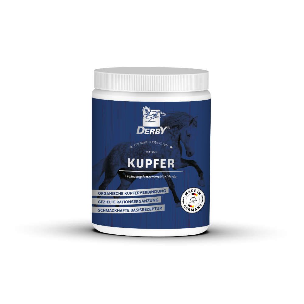 Blaue Dose mit weißem Deckel. Aufschrift "DERBY KUPFER". Enthält organische Kupferverbindung. Mit "Made in Germany" Siegel.