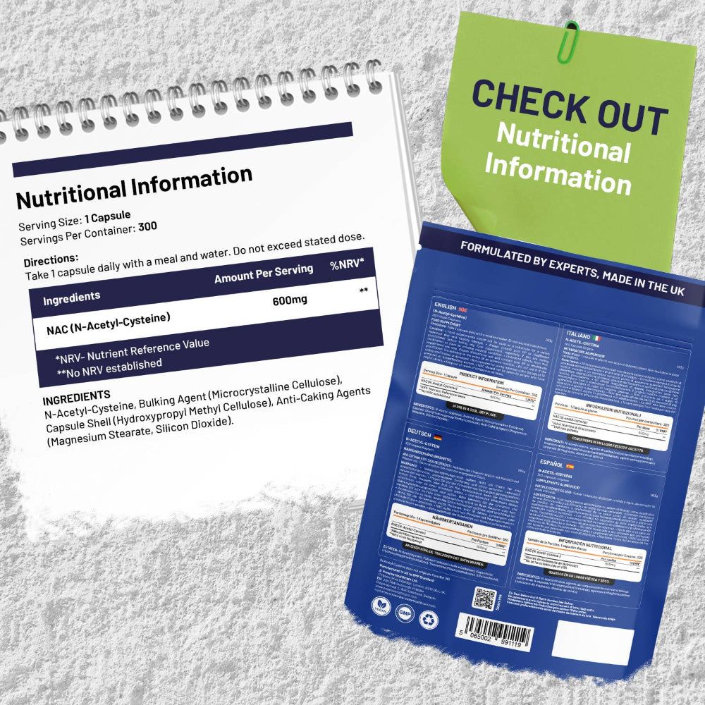 Notizblock mit Nährwertinformationen und Produktverpackung mit NAC (N-Acetyl-Cystein) Kapseln. 600mg pro Portion.