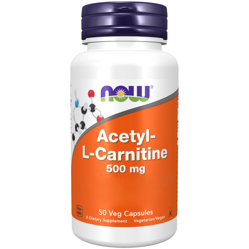 Weiße Flasche mit lila Deckel. Aufschrift: NOW, Acetyl-L-Carnitine 500 mg. 50 Vegane Kapseln. Vegetarisch/Vegan.
