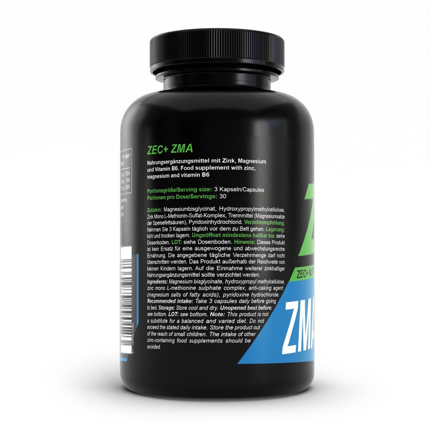 Rückseite der schwarzen Flasche mit Inhaltsangaben und Dosierungsempfehlung. Enthält Zink, Magnesium und Vitamin B6. Vegan.