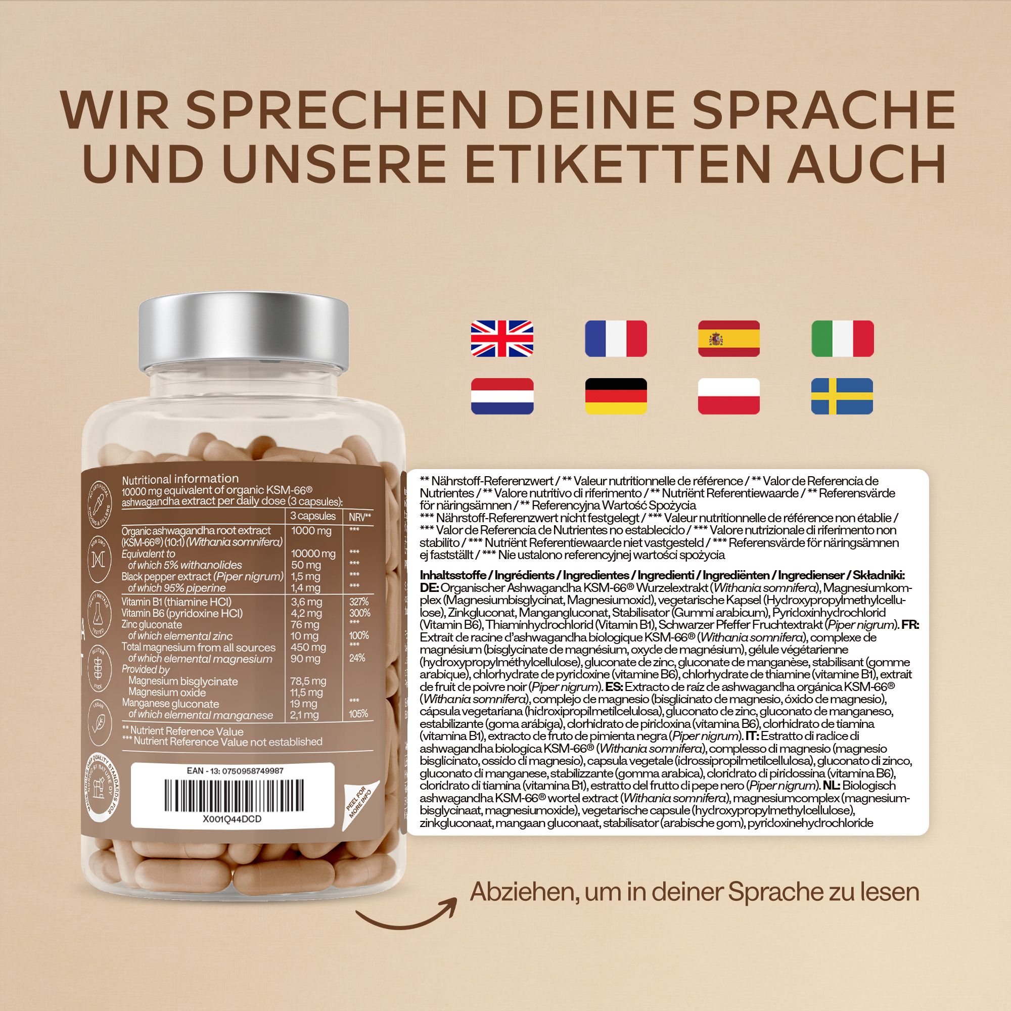 Aavalabs Ashwagandha Flasche mit Nährwertangaben in mehreren Sprachen.
