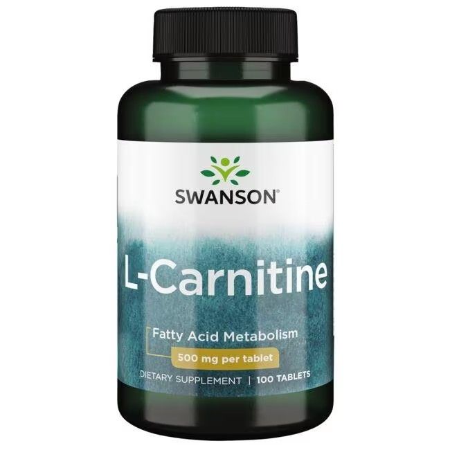 Grüne Flasche mit weißem Etikett. Aufschrift: SWANSON L-Carnitin 500 mg. 100 Tabletten. Fettstoffwechsel.