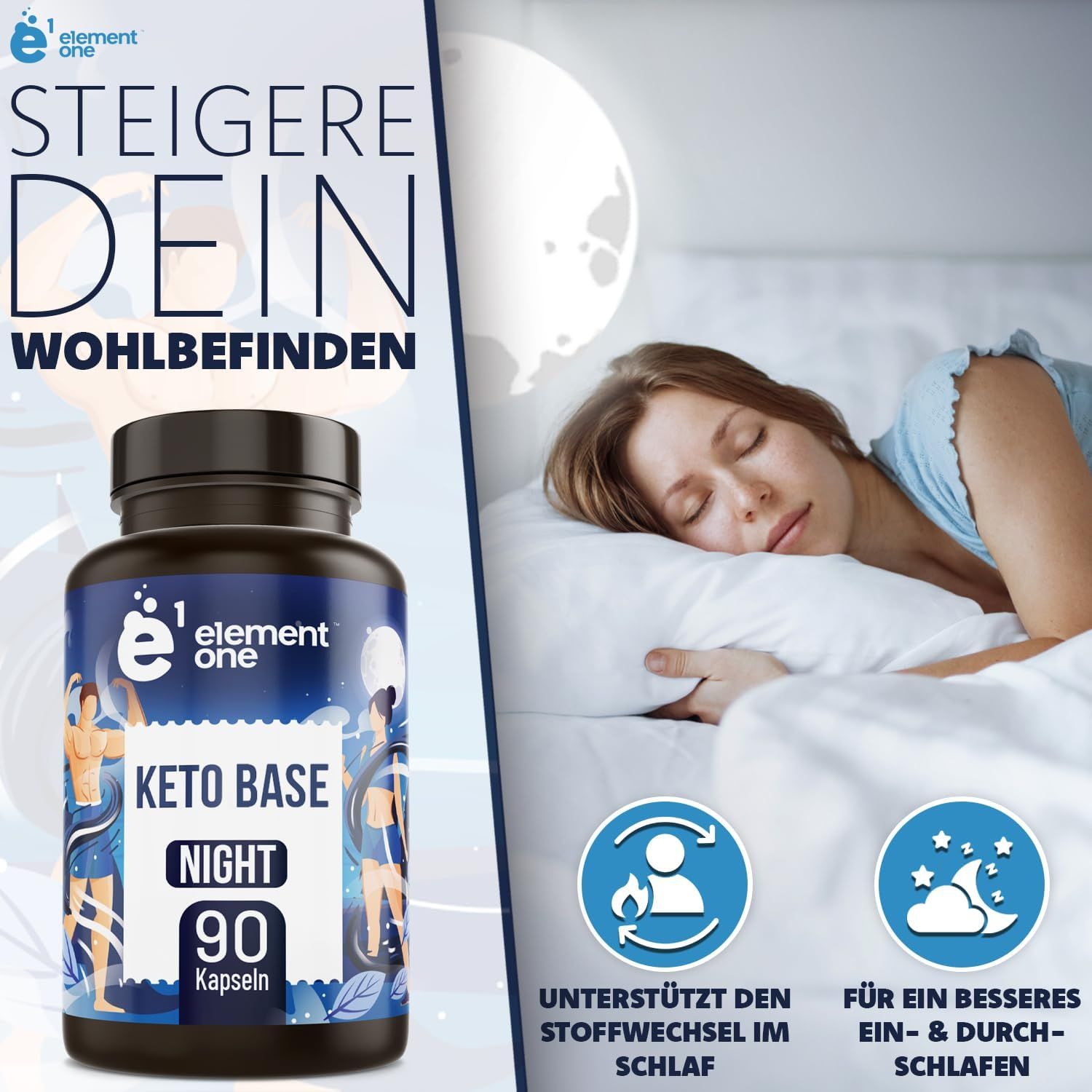 Dunkle Flasche mit Aufschrift Keto Base Night. Frau schläft im Bett. Text: Steigere dein Wohlbefinden. Unterstützt den Stoffwechsel im Schlaf. Für ein besseres Ein- & Durchschlafen.