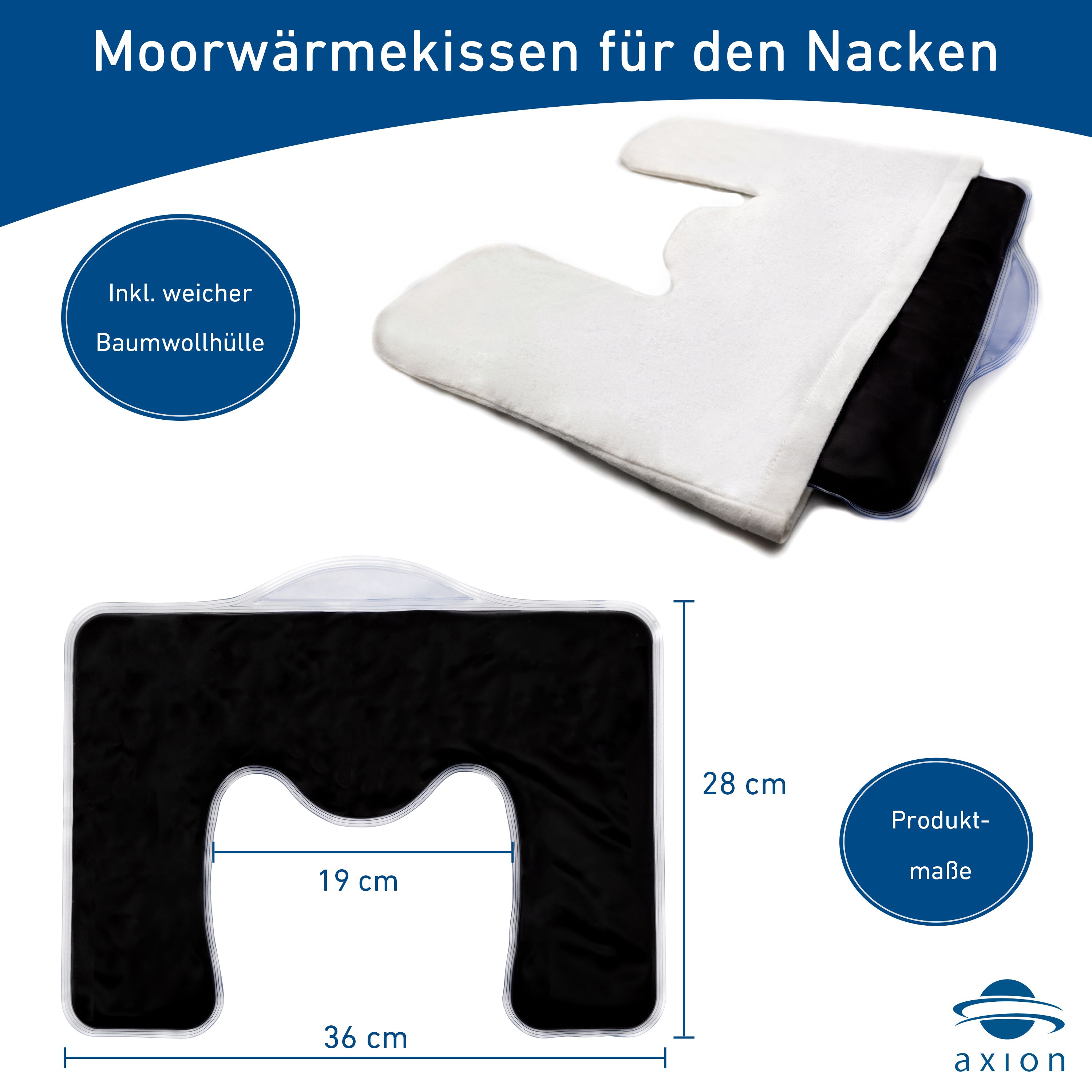 Nackenkissen mit weißer Baumwollhülle und schwarzem Innenkissen. Maße: 36x28x19 cm.