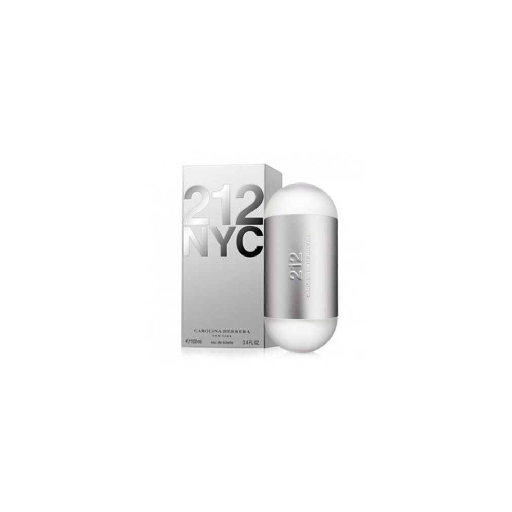 Parfümflasche und Verpackung. Flasche zylindrisch, silberfarben. Verpackung weiß mit '212 NYC'.