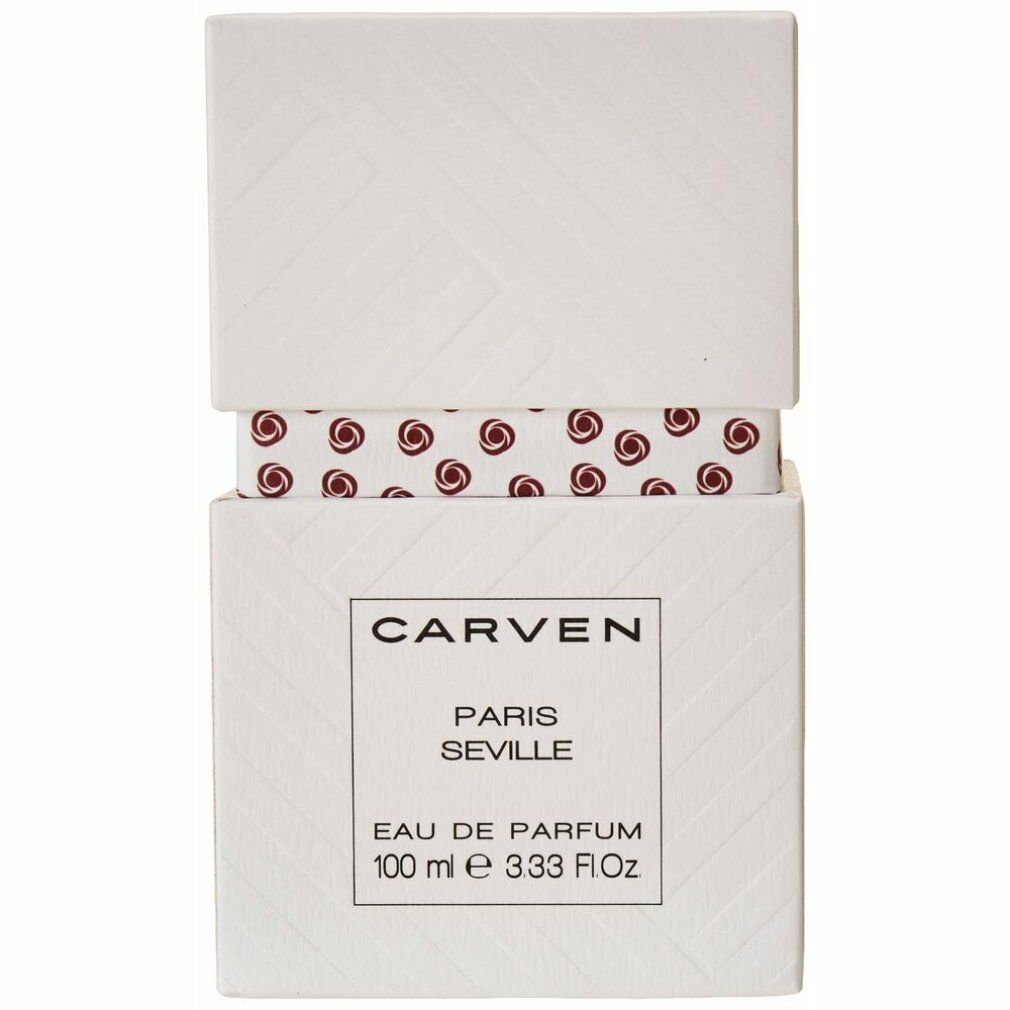 Weiße Verpackung mit CARVEN, PARIS SEVILLE, Eau de Parfum. 100 ml e 3.33 Fl.Oz. Aufschrift.