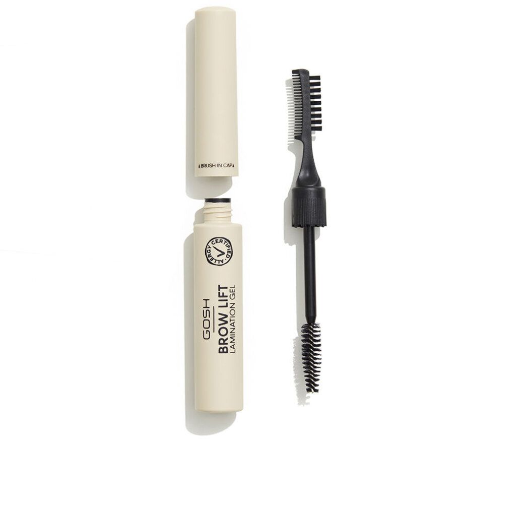 Geöffnete beige Tube mit schwarzer Bürste und Kamm. Aufschrift: GOSH BROW LIFT LAMINATION GEL. Allergie-Zertifizierung.