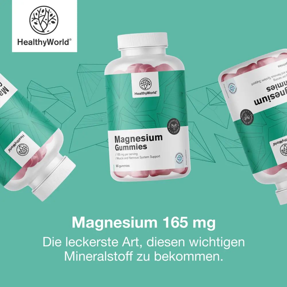 Flasche Magnesium Gummibonbons, 165 mg. "Premium Qualität" Siegel.