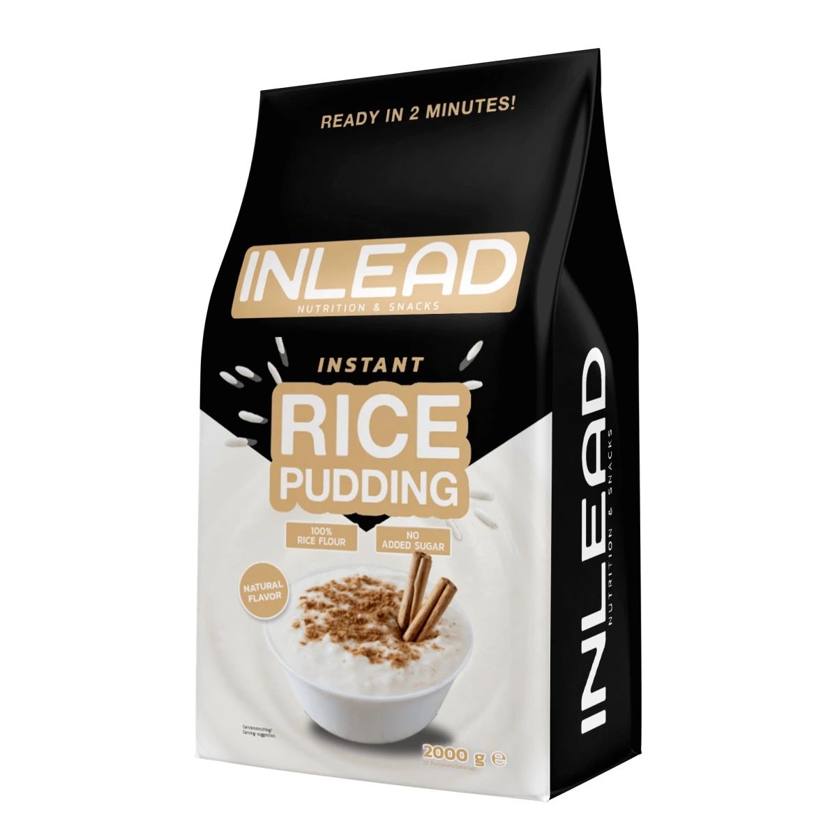 Schwarze Verpackung mit INLEAD-Logo und Schriftzug „Instant Rice Pudding“. Abbildung von Reisbrei in Schüssel mit Zimt.