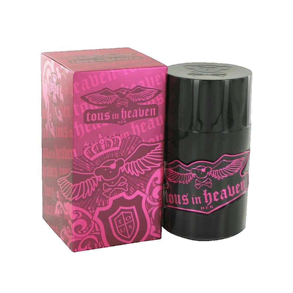 Schwarzer zylindrischer Flakon neben einer rosa Schachtel. Beide mit Text und Flügel-Design.