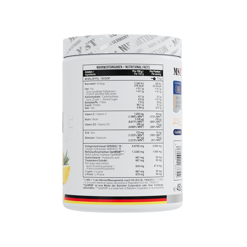 Rückseite eines MST Beauty Collagen Behälters mit Nährwertangaben und Zutatenliste in Deutsch und Englisch.