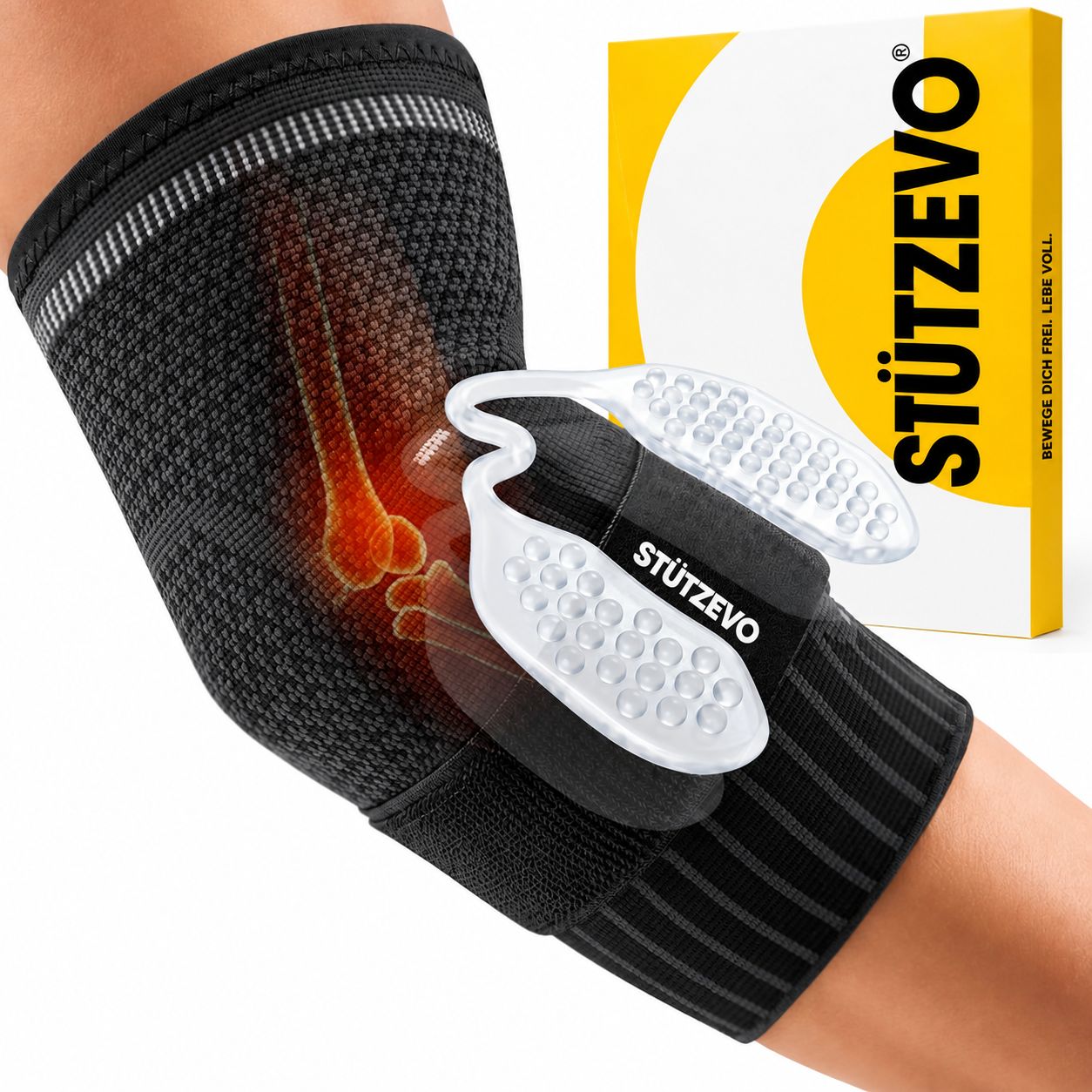 Schwarze Ellenbogenbandage mit Silikonpelotten und dem Markennamen "STÜTZEVO".
