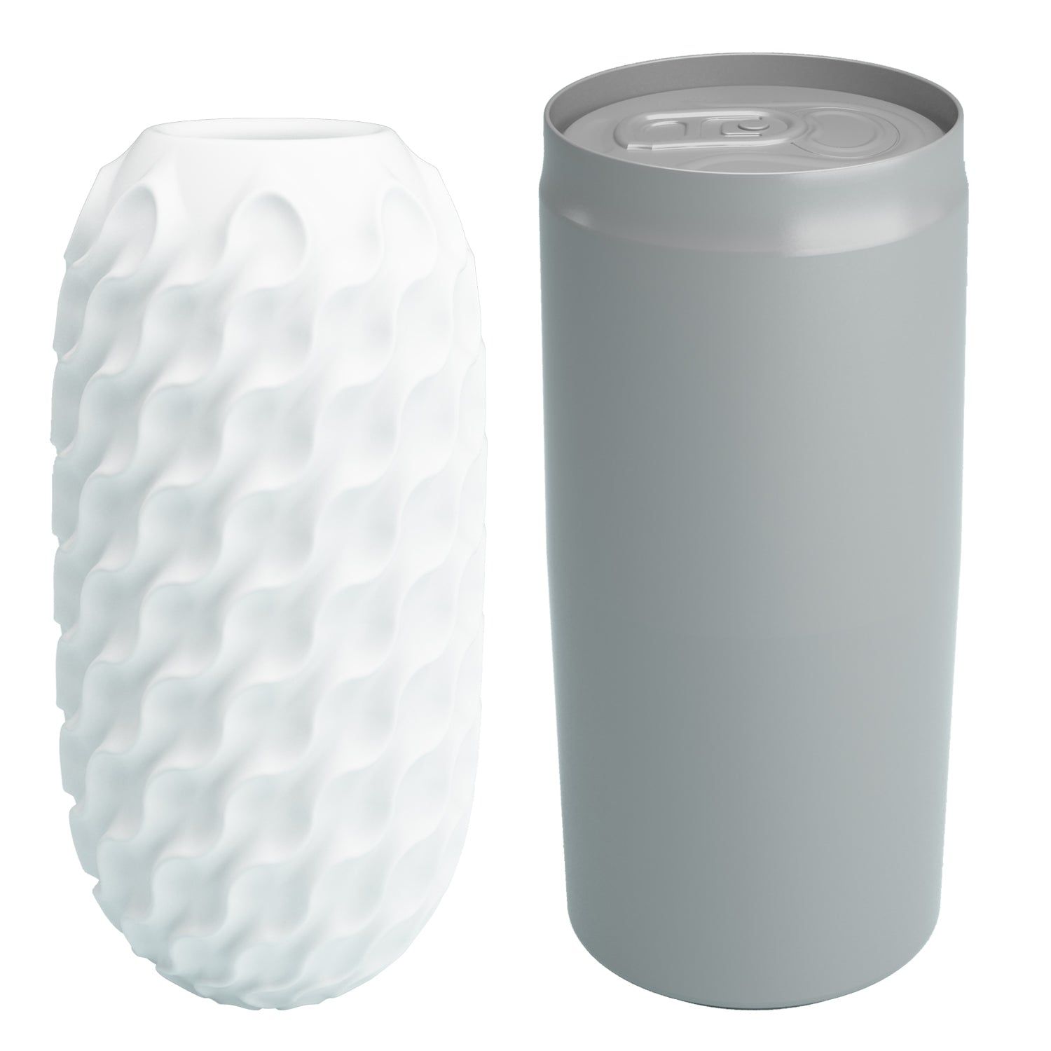 Weißes, längliches Produkt mit wellenförmiger Oberfläche neben einer grauen Dose. Beide auf weißem Hintergrund.