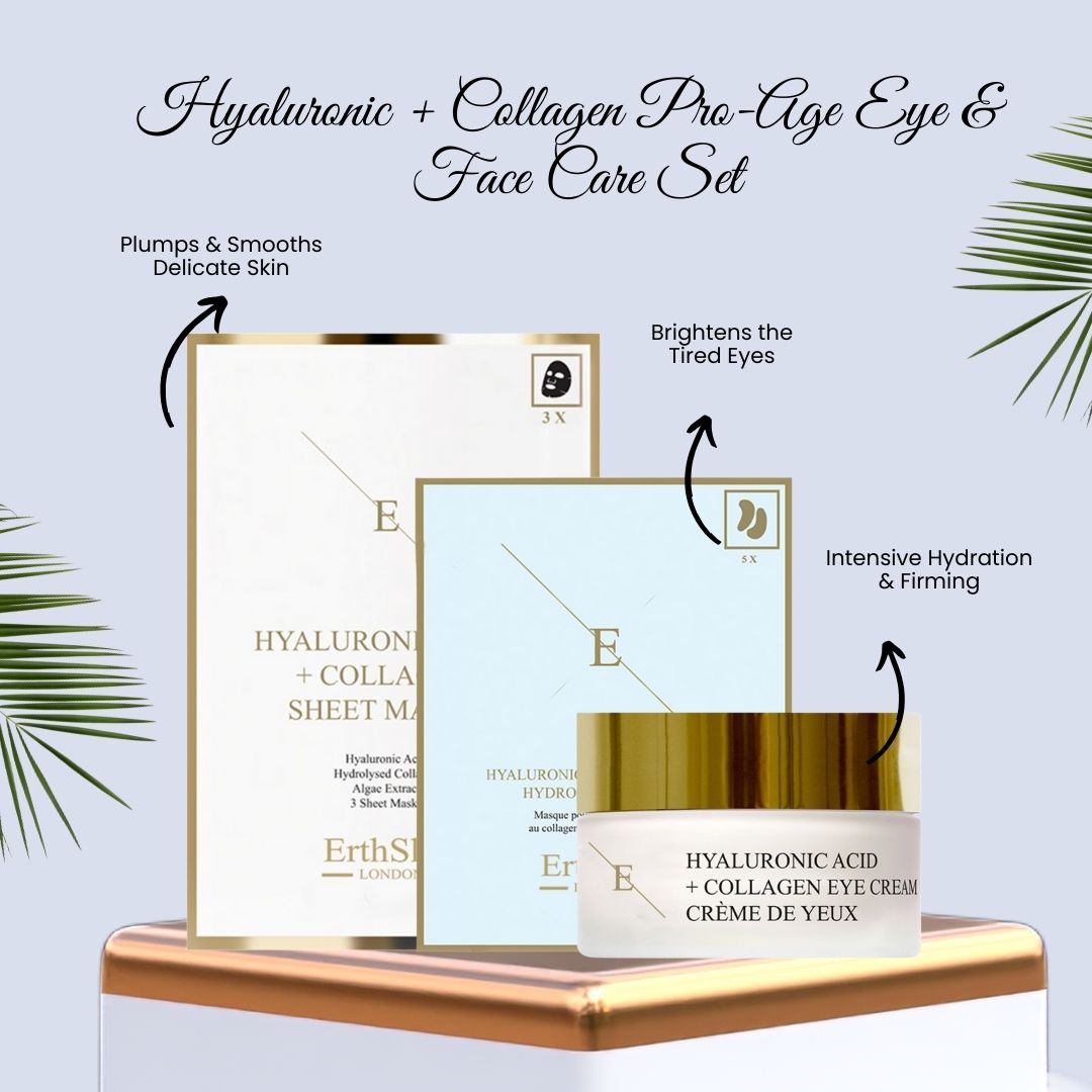 Augencreme und Masken-Set. Creme-Glas mit goldenem Deckel. Masken-Verpackungen mit Text. Marke: ErthSkin London.