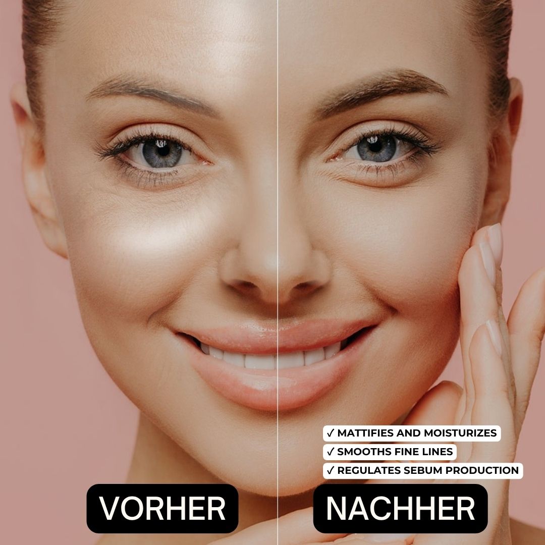 Vorher-Nachher-Vergleich. Gesicht einer Frau. Text: Mattifies and moisturizes, Smoothes fine lines, Regulates sebum production.