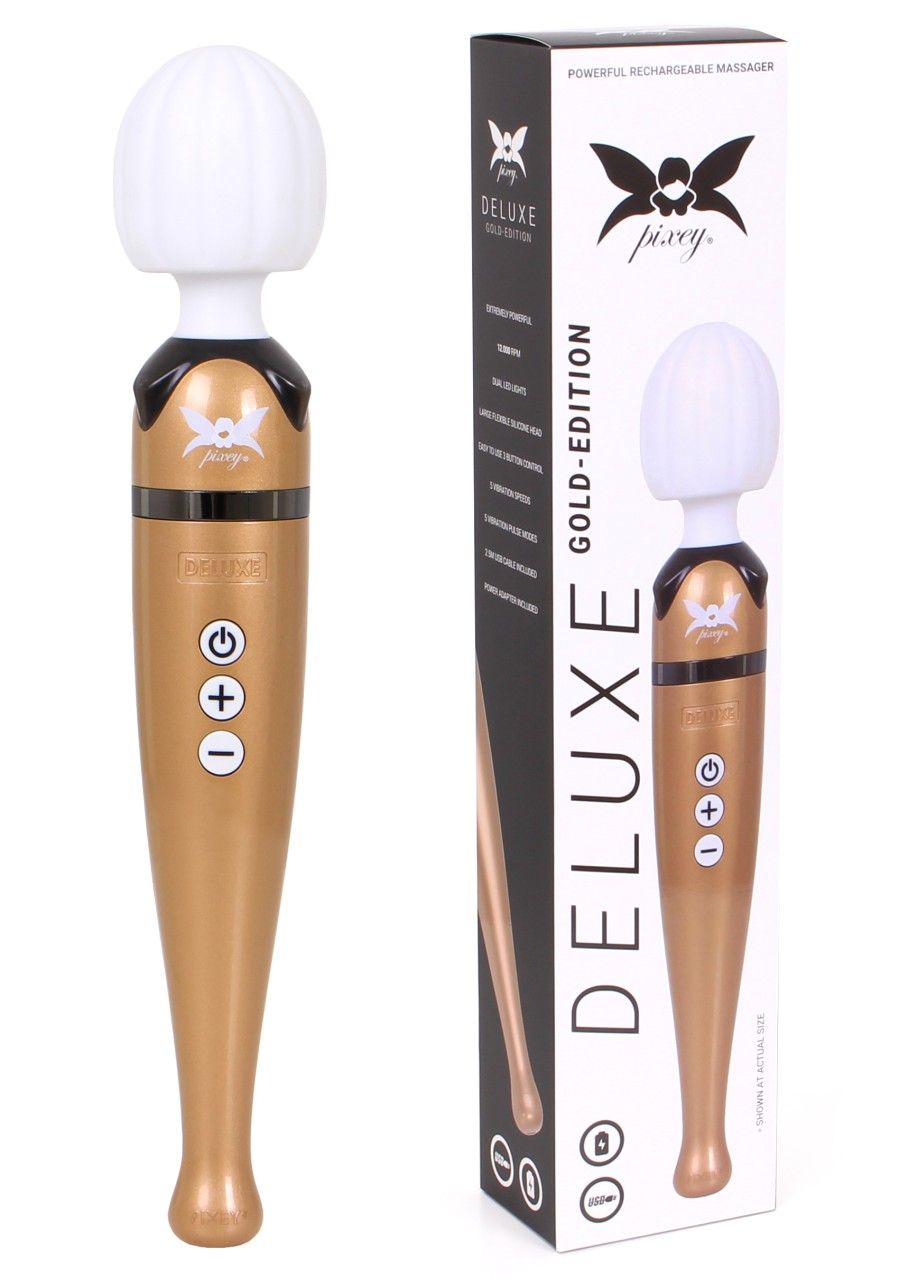 Goldfarbener Massagestab mit weißem Kopf. Verpackung mit Produktname und Logo.