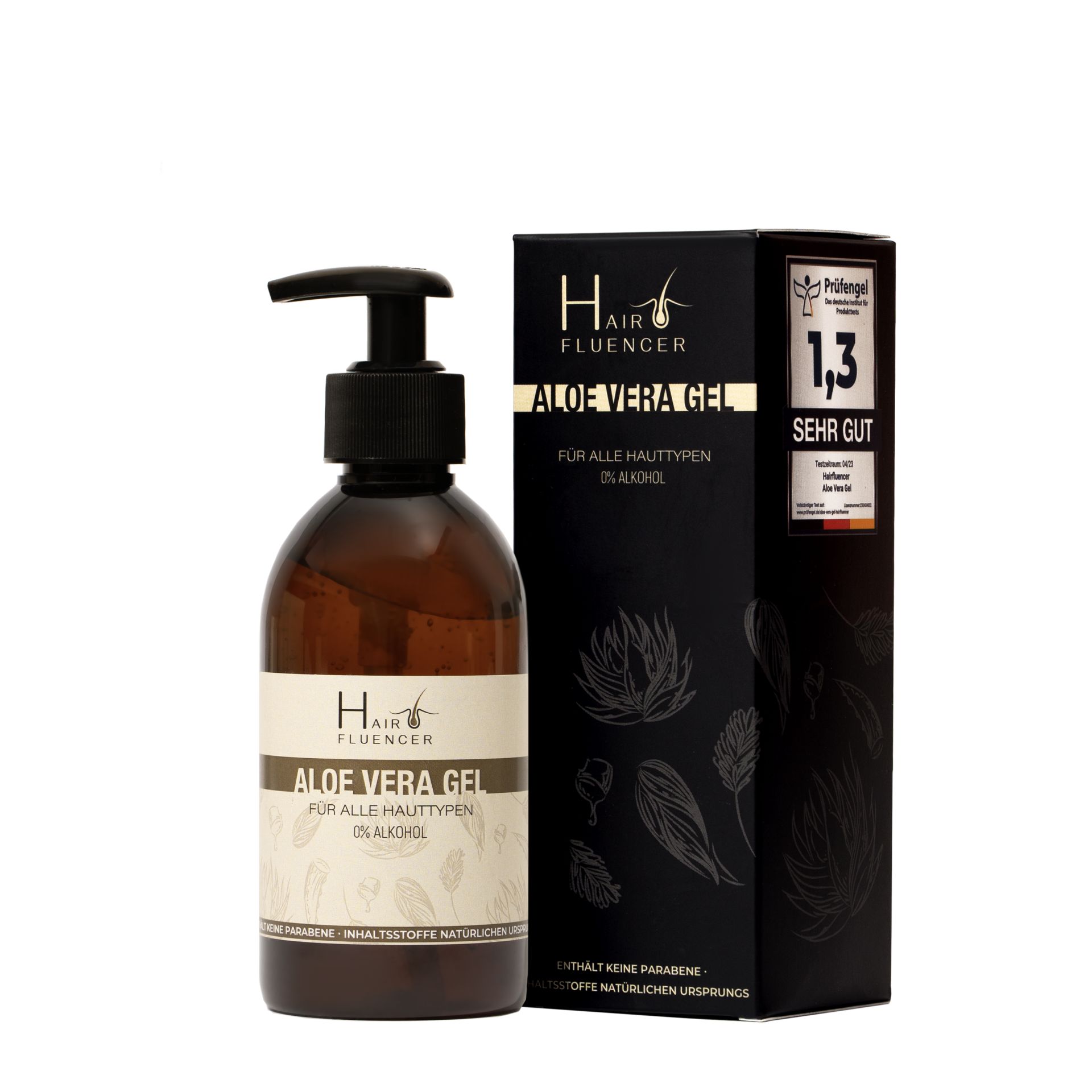 Braune Flasche mit schwarzem Pumpkopf und schwarzer Verpackung. Beschriftung: Hairfluencer Aloe Vera Gel. Für alle Hauttypen. Ohne Alkohol. Bewertung: 1,3.