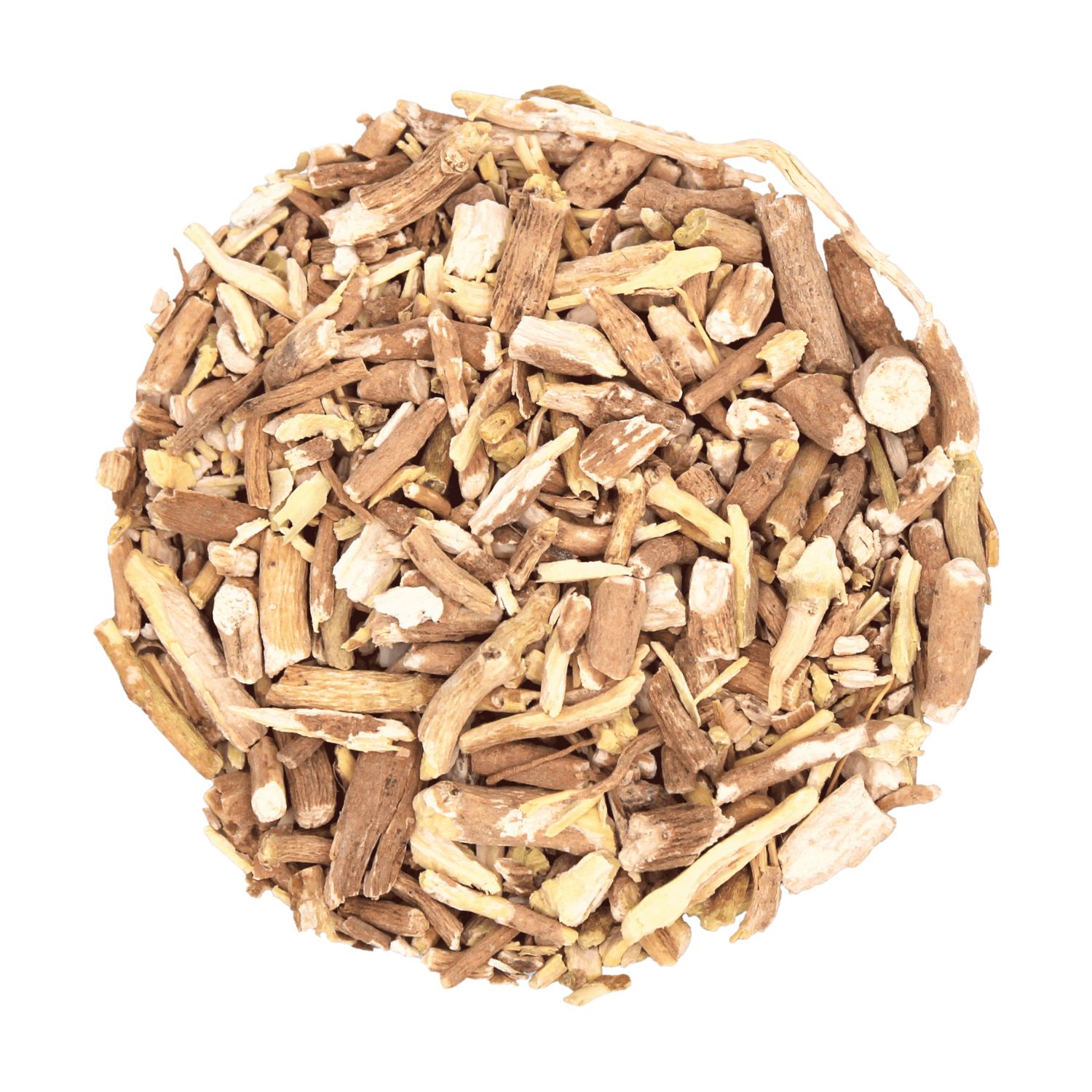 Haufen von Ashwagandha-Wurzeln. Verschiedene Größen und Formen. Helle und dunkle Farbtöne. Auf weißem Hintergrund.