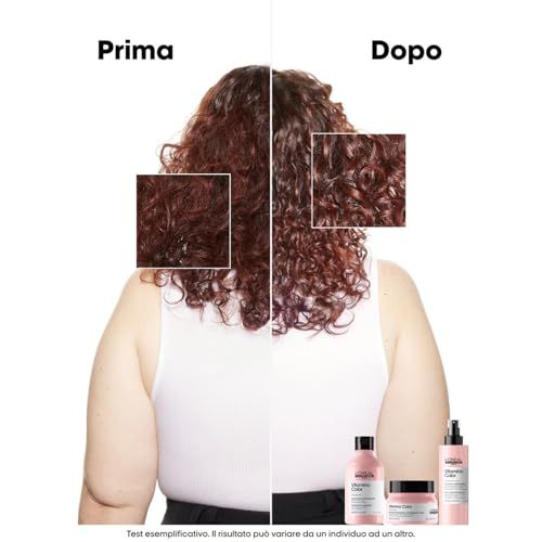 Vorher-Nachher-Vergleich von lockigem, gefärbtem Haar, behandelt mit L'Oréal Professionnel Vitamino Color Produkten.