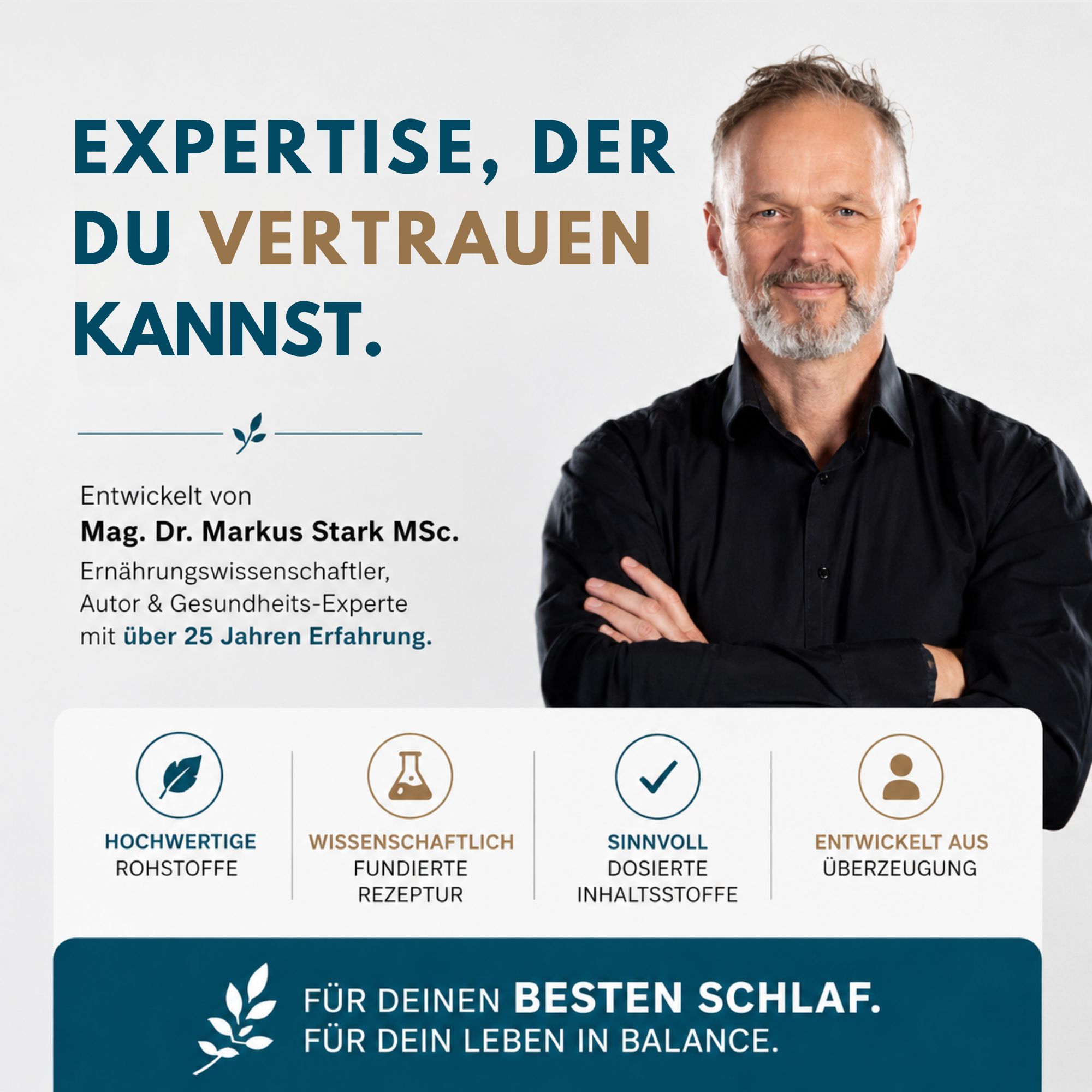 Porträt eines Mannes mit Bart, Experte für Ernährungswissenschaften, mit Icons für Produktmerkmale.