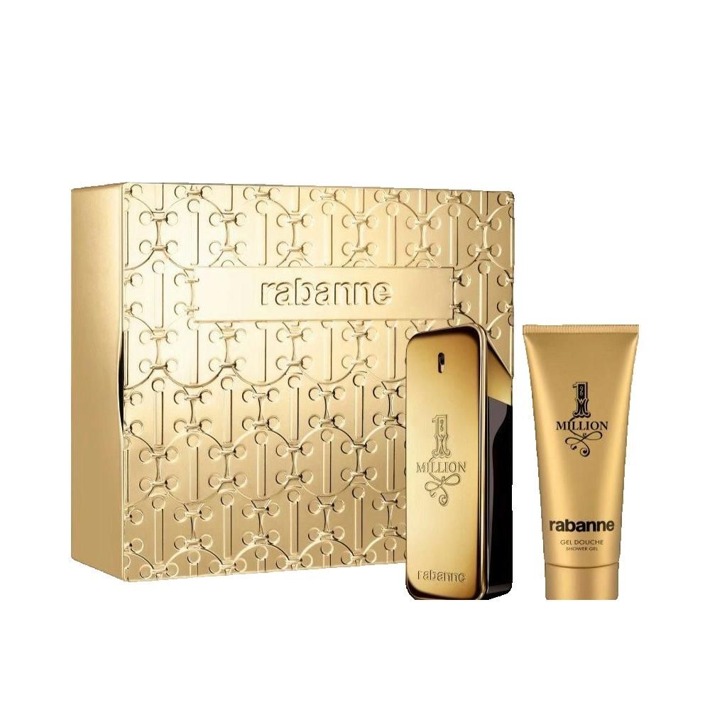 Goldfarbenes Geschenkset von Paco Rabanne. Enthält Eau de Toilette, Duschgel und eine goldene Schachtel mit Prägung.