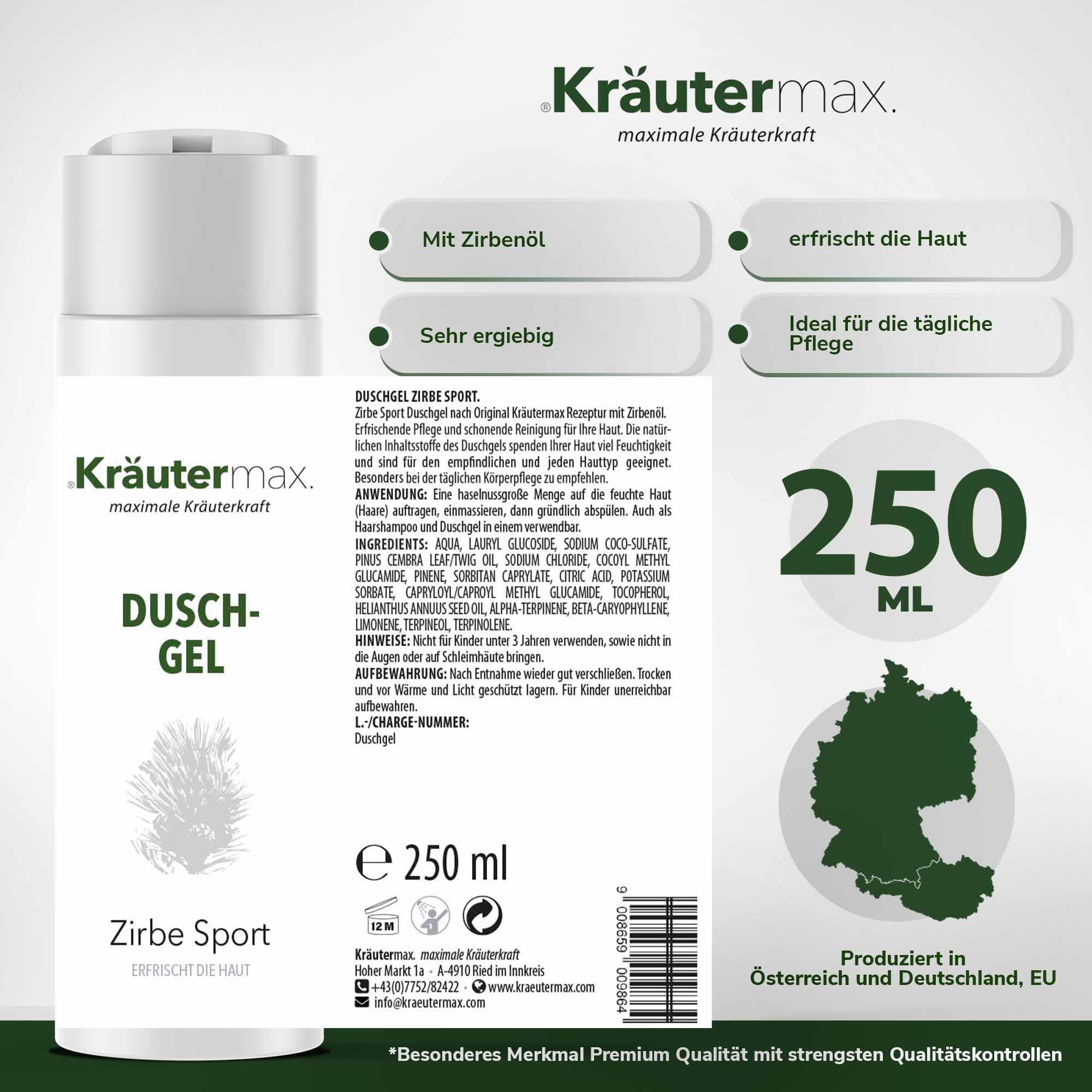Weißes Duschgel mit grüner Schrift. Text: Kräutermax Duschgel Zirbe Sport, 250 ml. Inhaltsstoffe und Informationen auf der Verpackung.