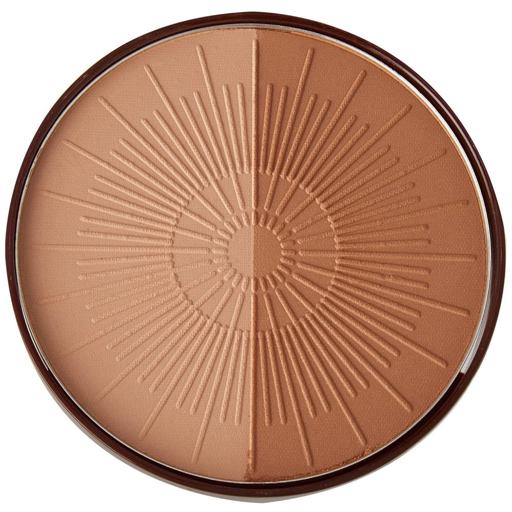 Runder Bronzer-Refill. Zwei Farbtöne mit Sonnenstrahlen-Muster. Brauner Rand.