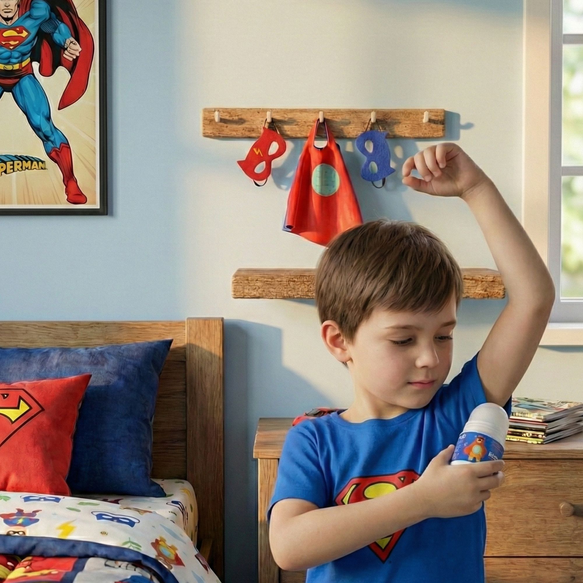 Kind hält Deo-Rollon. Weißer Behälter mit blauem Etikett. Aufschrift: Kids, Natural Deo Roll-on Action Hero. Kind trägt Superman-T-Shirt.