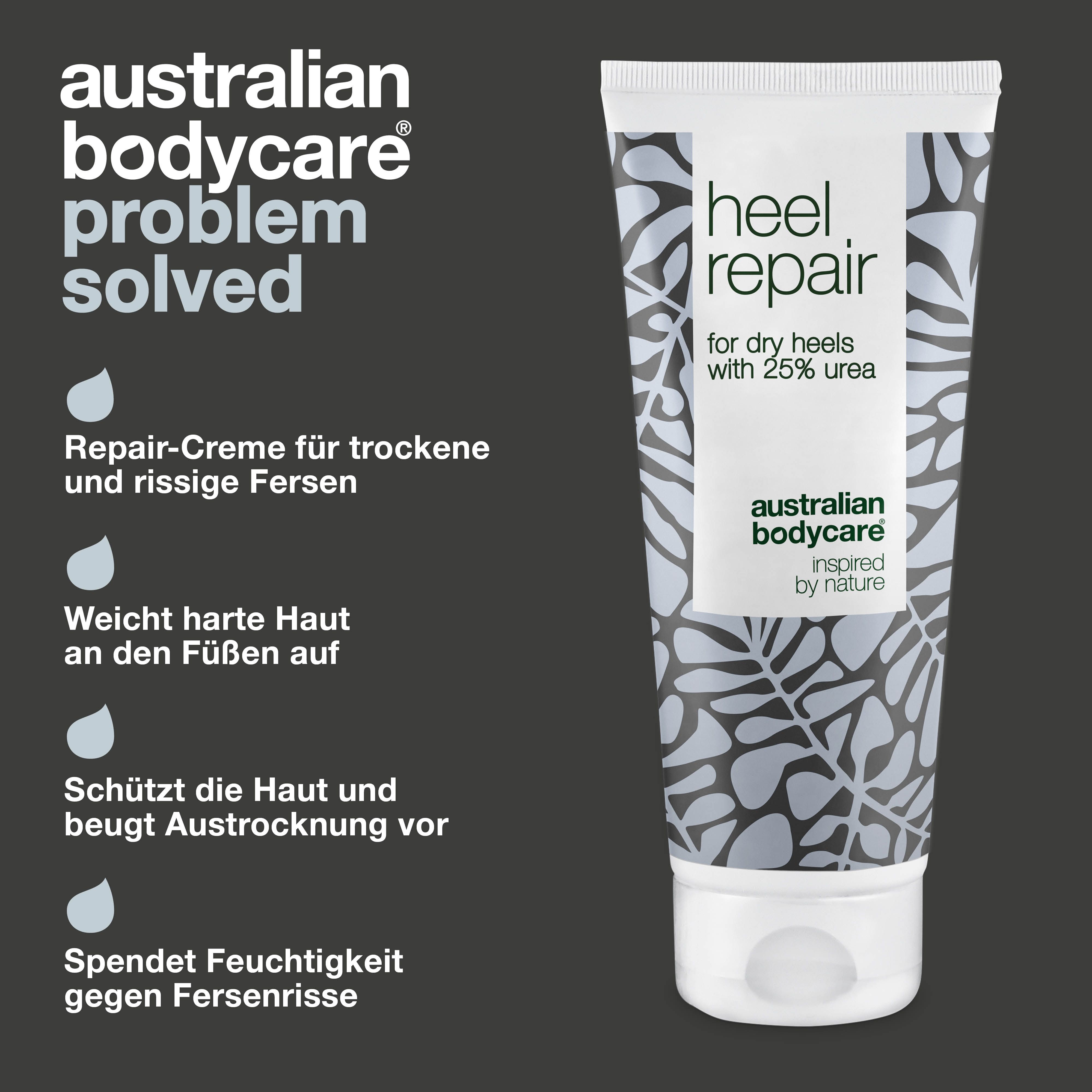 Tube Heel Repair, Australian Bodycare. Text: Repair-Creme für trockene und rissige Fersen.