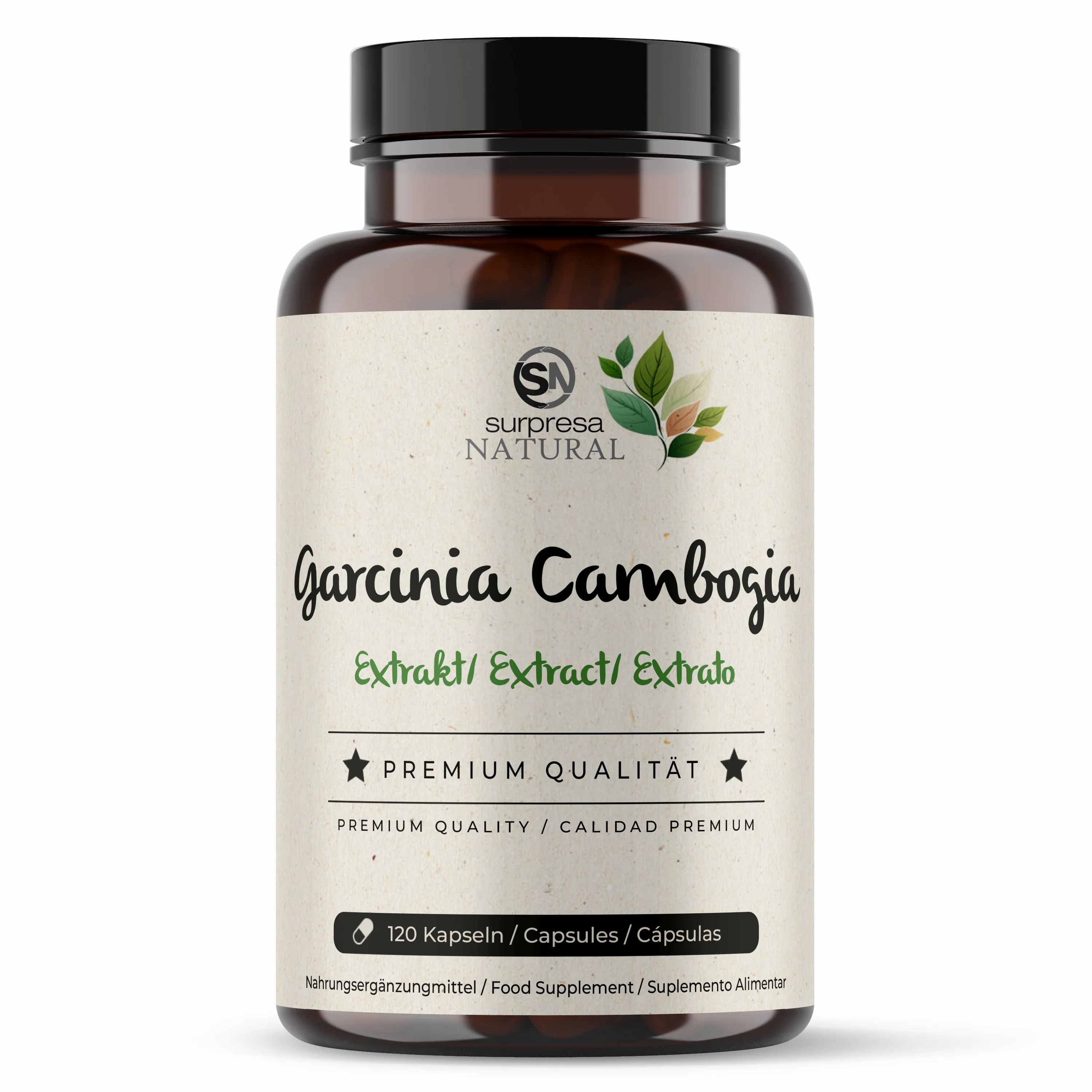 Braune Flasche mit schwarzen Deckel. Aufschrift: Garcinia Cambogia Extrakt. Enthält 120 Kapseln. Premium Qualität.