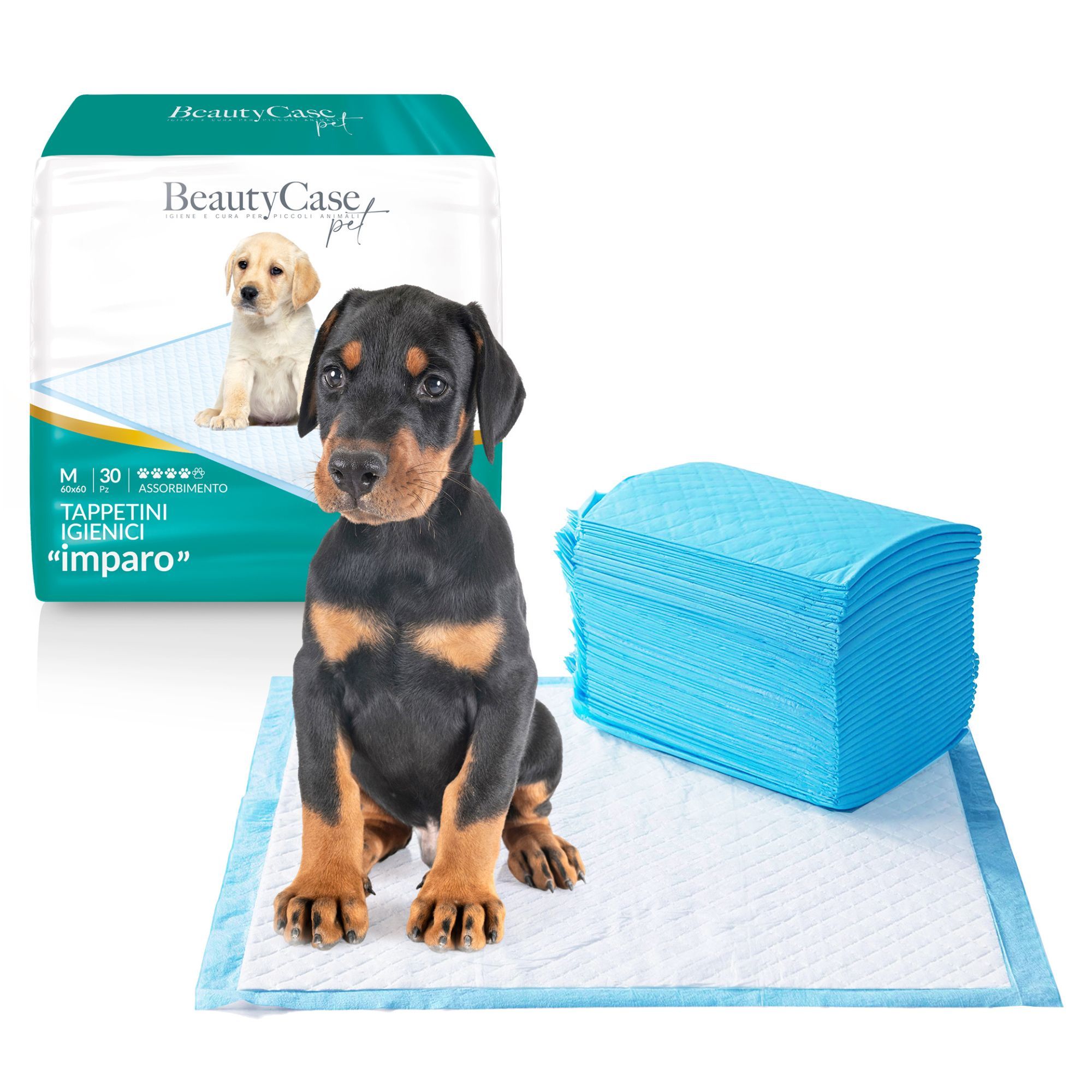 Hygienische Hundewindeln, blau, mit Welpen und Produktverpackung. Packung mit der Aufschrift "BeautyCase pet".