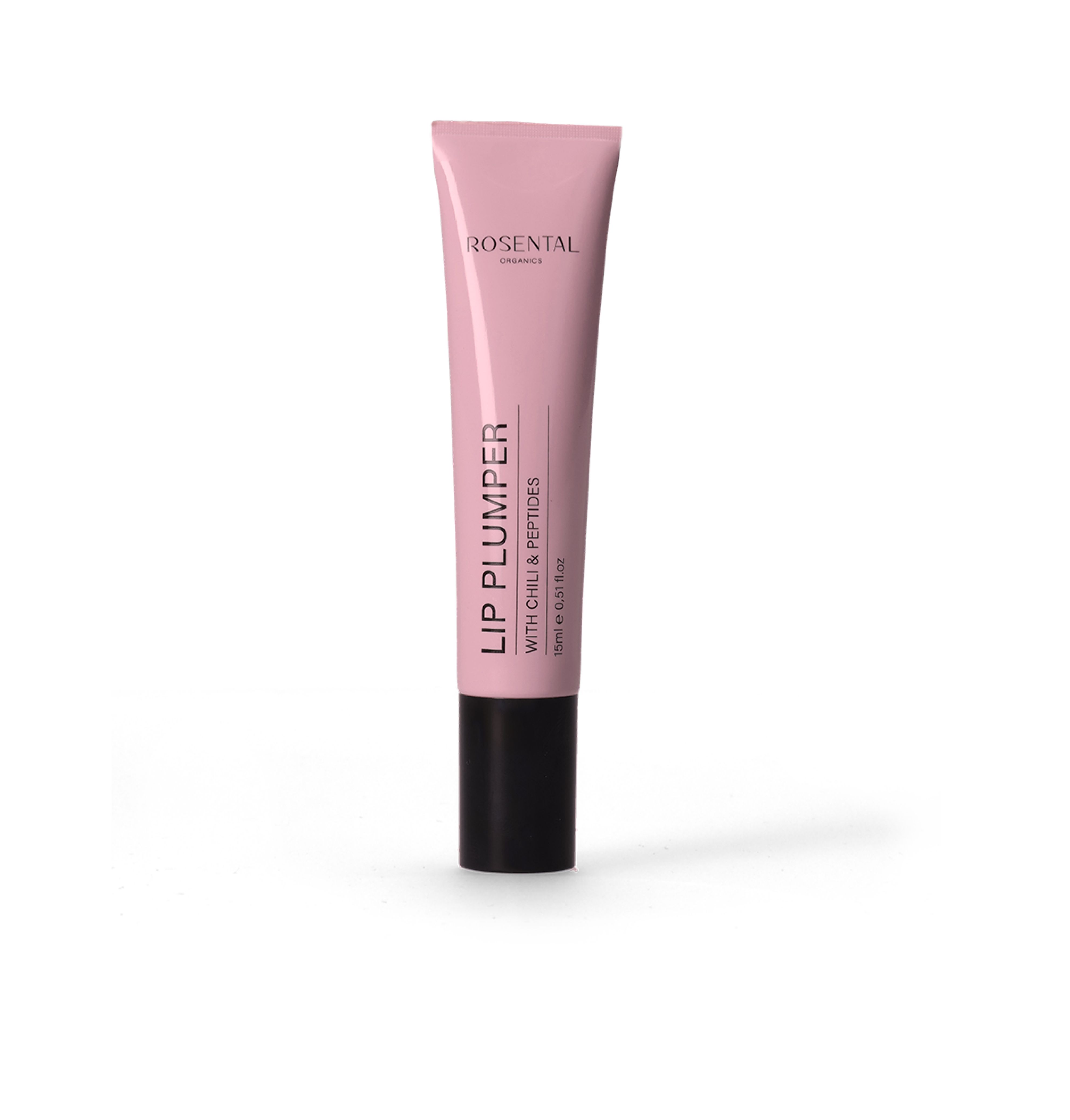 Rosa Tube mit schwarzem Verschluss. Aufschrift: LIP PLUMPER WITH CHILI & PEPTIDES. Marke: Rosental Organics.