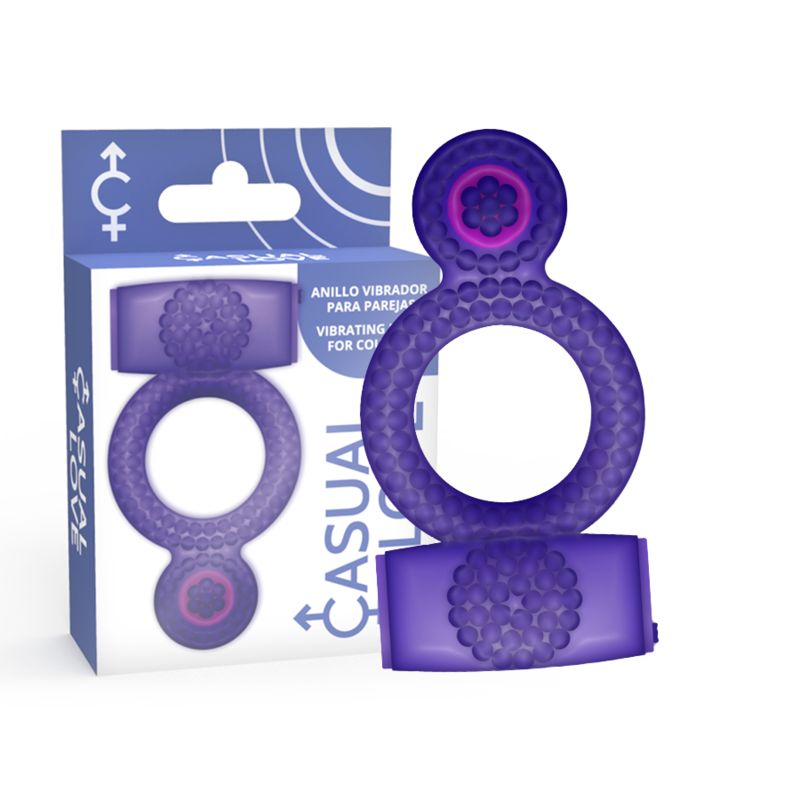 Lila Penisring mit Vibration. Verpackung mit Produktname "Casual Love". Ring und Verpackung sind sichtbar.