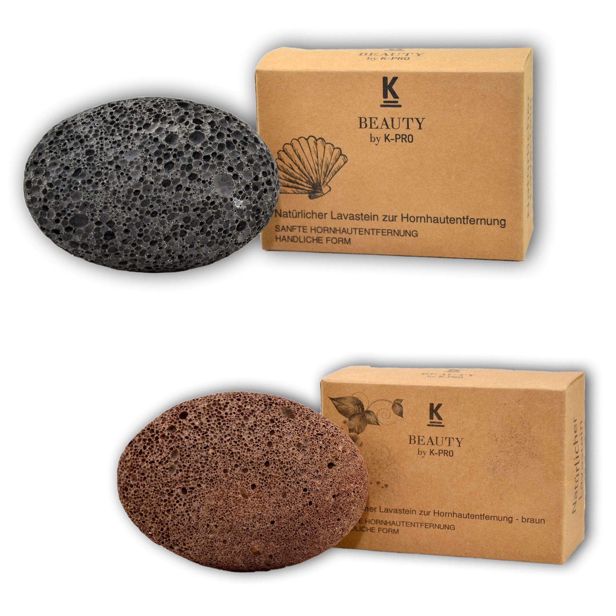Zwei Bimssteine und zwei Verpackungen. Ein Bimsstein und eine Verpackung sind grau, der andere Bimsstein und die Verpackung sind braun.