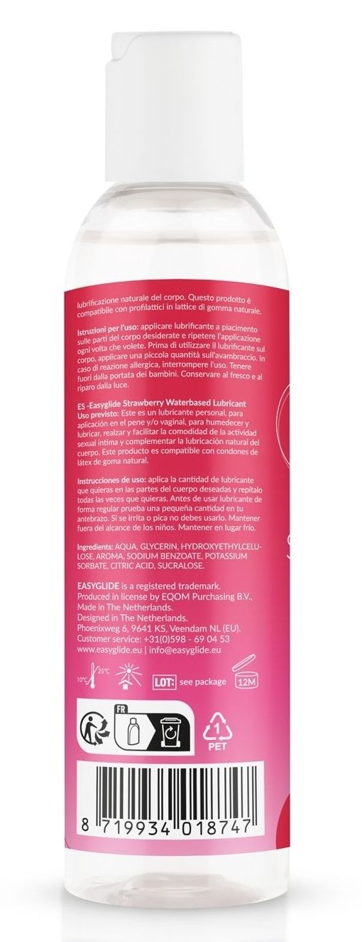 Rückseite der Flasche. Etikett mit Text in mehreren Sprachen. Enthält Informationen zu Inhaltsstoffen und Gebrauchsanweisung.